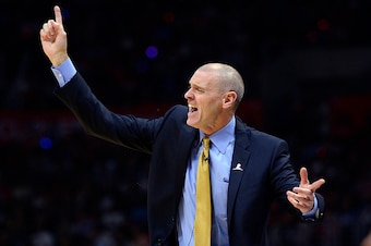 LOS ANGELES CA - OCTOBER 29: Head coach Rick Carlisle of the Dallas Mavericks yells instructions from the bench during the second quarter of the basketball game against the Los Angeles Clippers at Staples Center October 29, 2015, in Los Angeles California