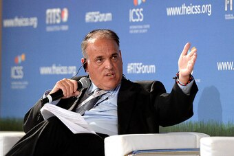 GENEVA, SWITZERLAND - SEPTEMBER 04:  Javier Tebas, President of the Spanish Football League, speaks during the Financial Integrity & Transparency In Sport Forum (FITS FORUM), hosted by the International Centre for Sport Security (ICSS) on September 4, 201