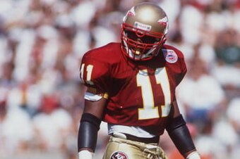 22 OCT 1994:  FLORIDA STATE SAFETY DEVIN BUSH DURING THE SEMINOLS 17-0 WIN OVER CLEMSON AT CAMPBELL STADIUM IN TALLAHASSEE, FLORIDA. Mandatory Credit: Scott Halleran/ALLSPORT