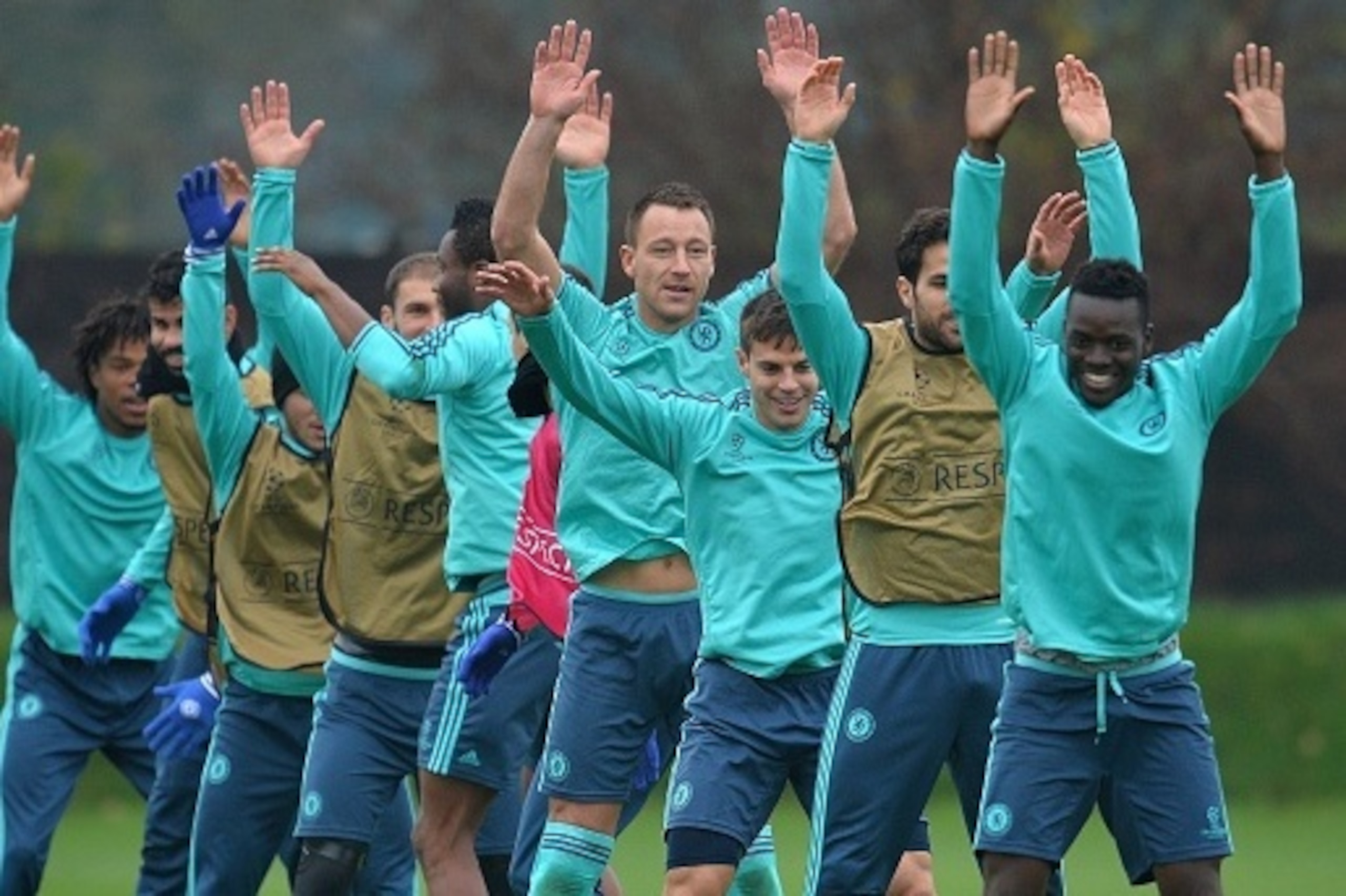 Chelsea's English defender John Terry (4th R) takes part in a team training session at Chelsea's training ground in Cobham in south west London, on November 3, 2015, on the eve of their UEFA Champions League group G match against Dynamo Kiev. AFP PHOTO / 
