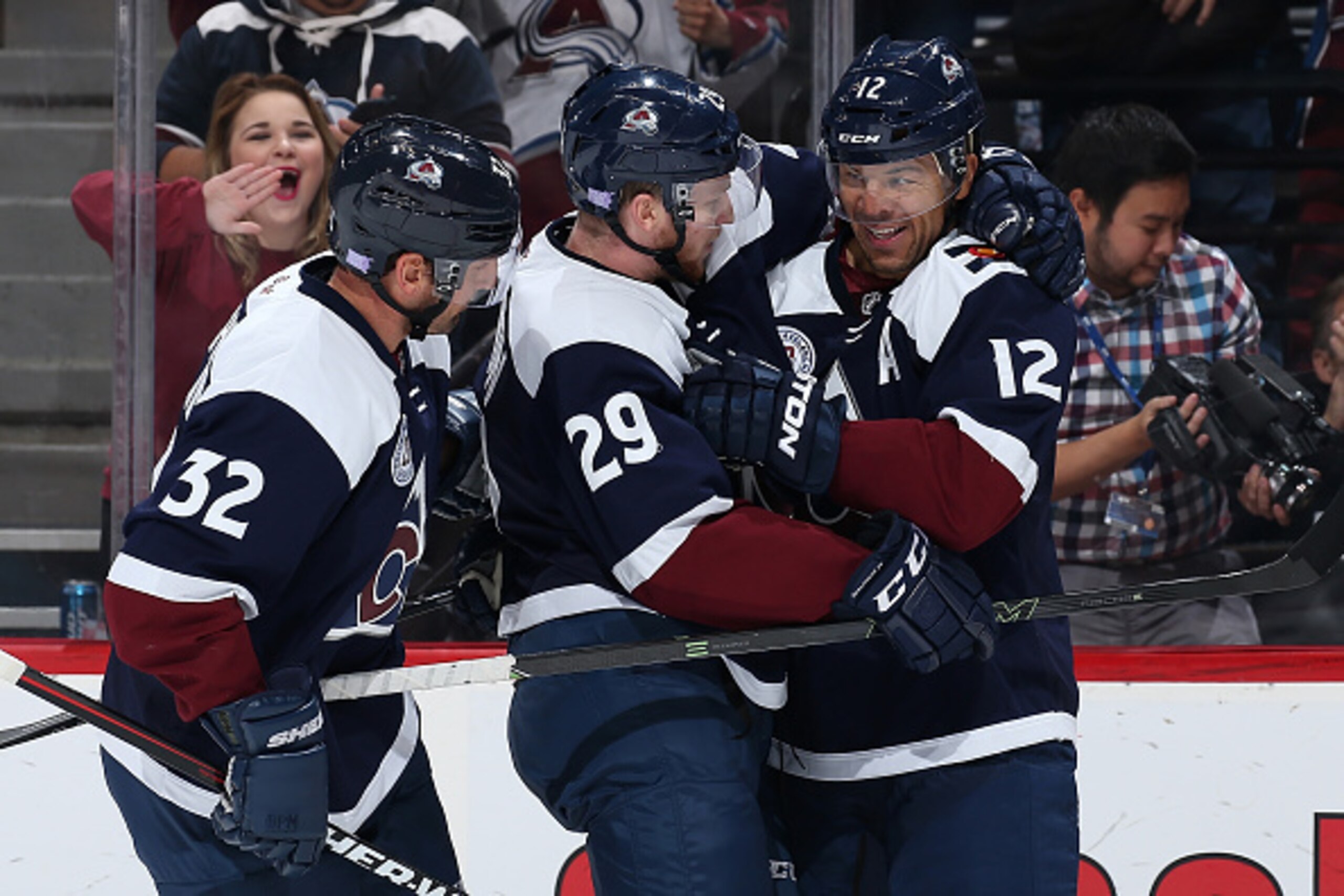 DENVER, CO - OCTOBER 24:  Nathan MacKinnon #29 of the Colorado Avalanche celebrates his goal against the Columbus Blue Jackets with Francois Beauchemin #32 and Jarome Iginla #12 of the Colorado Avalanche to take a 3-2 lead in the second period at Pepsi Ce