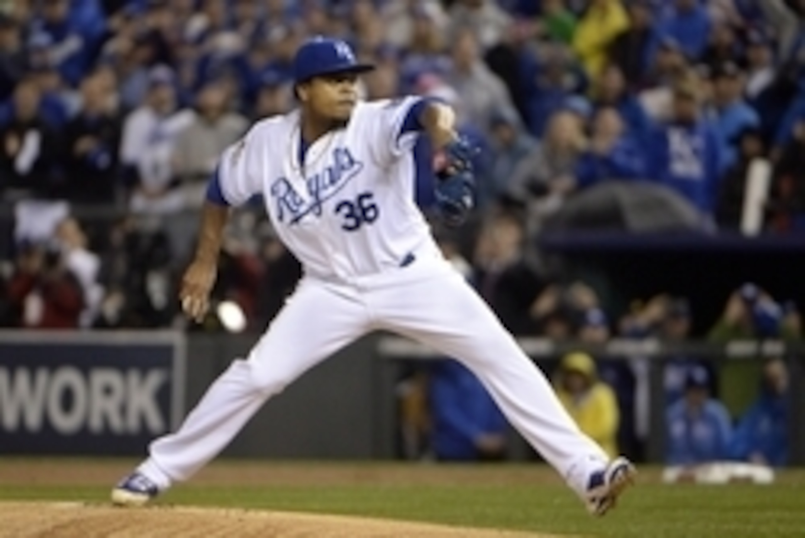 Oct 27, 2015; Kansas City, MO, USA; Kansas City Royals starting pitcher Edinson Volquez throws a pitch against the New York Mets in the first inning in game one of the 2015 World Series at Kauffman Stadium. Mandatory Credit: John Rieger-USA TODAY Sports