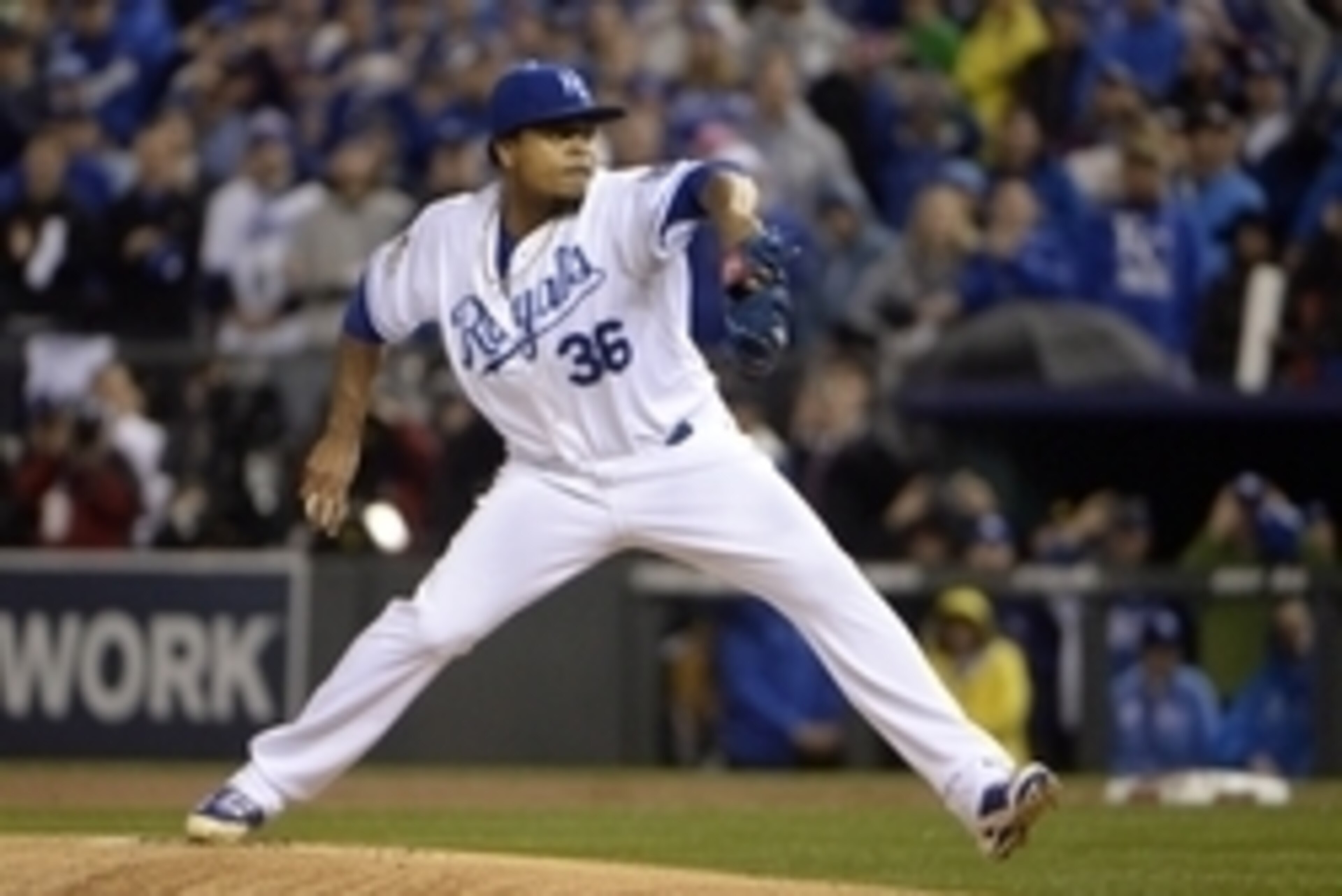 Oct 27, 2015; Kansas City, MO, USA; Kansas City Royals starting pitcher Edinson Volquez throws a pitch against the New York Mets in the first inning in game one of the 2015 World Series at Kauffman Stadium. Mandatory Credit: John Rieger-USA TODAY Sports