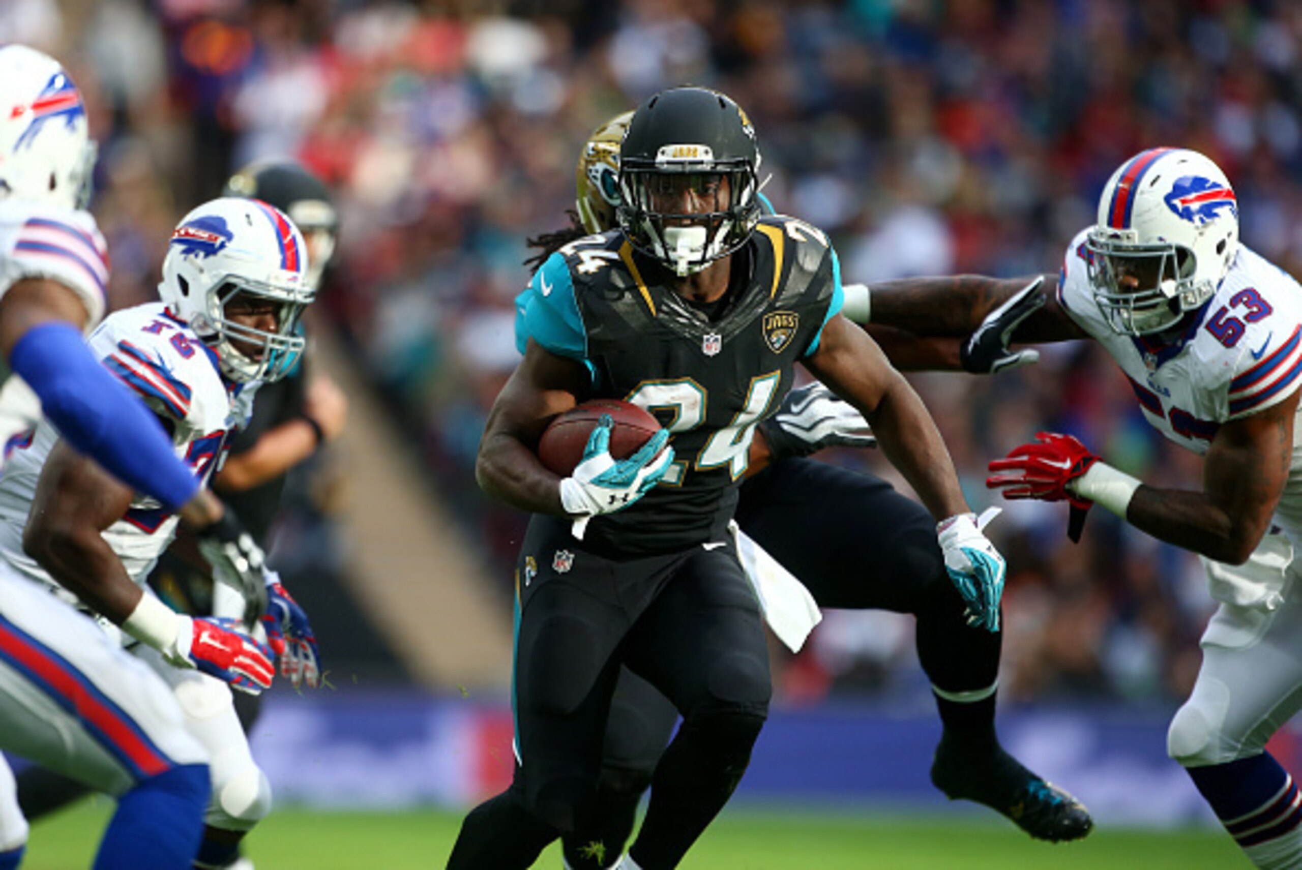 LONDON, ENGLAND - OCTOBER 25: TJ Yeldon #24 of Jacksonville Jaguars runs during the NFL match between Jacksonville Jaguars and Buffalo Bills at Wembley Stadium on October 25, 2015 in London, England. (Photo by Charlie Crowhurst/Getty Images) LONDON, ENGLAND - OCTOBER 25: TJ Yeldon #24 of Jacksonville Jaguars runs during the NFL match between Jacksonville Jaguars and Buffalo Bills at Wembley Stadium on October 25, 2015 in London, England. (Photo by Charlie Crowhurst/Getty Images)