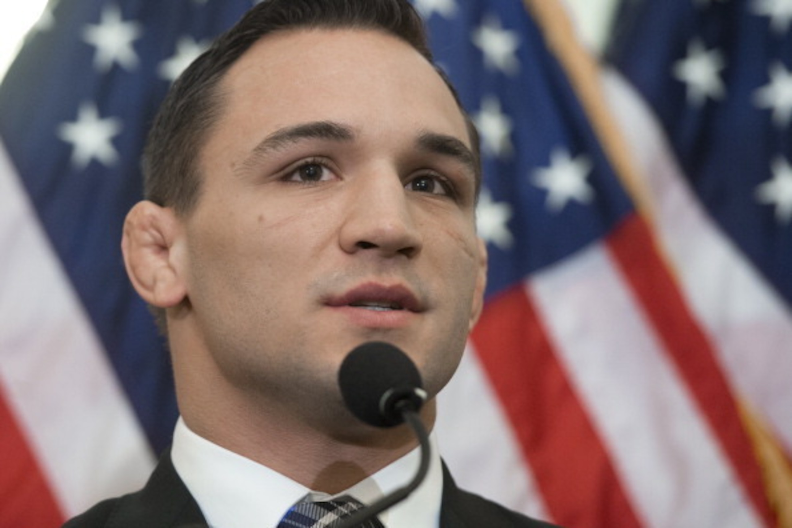 Former Bellator Mixed Martial Arts (MMA) lightweight champion Michael Chandler speaks during a press conference by professional boxing and fighting organizations as they pledge $600,000 in support of the Professional Fighters Brain Health Study by the Cle