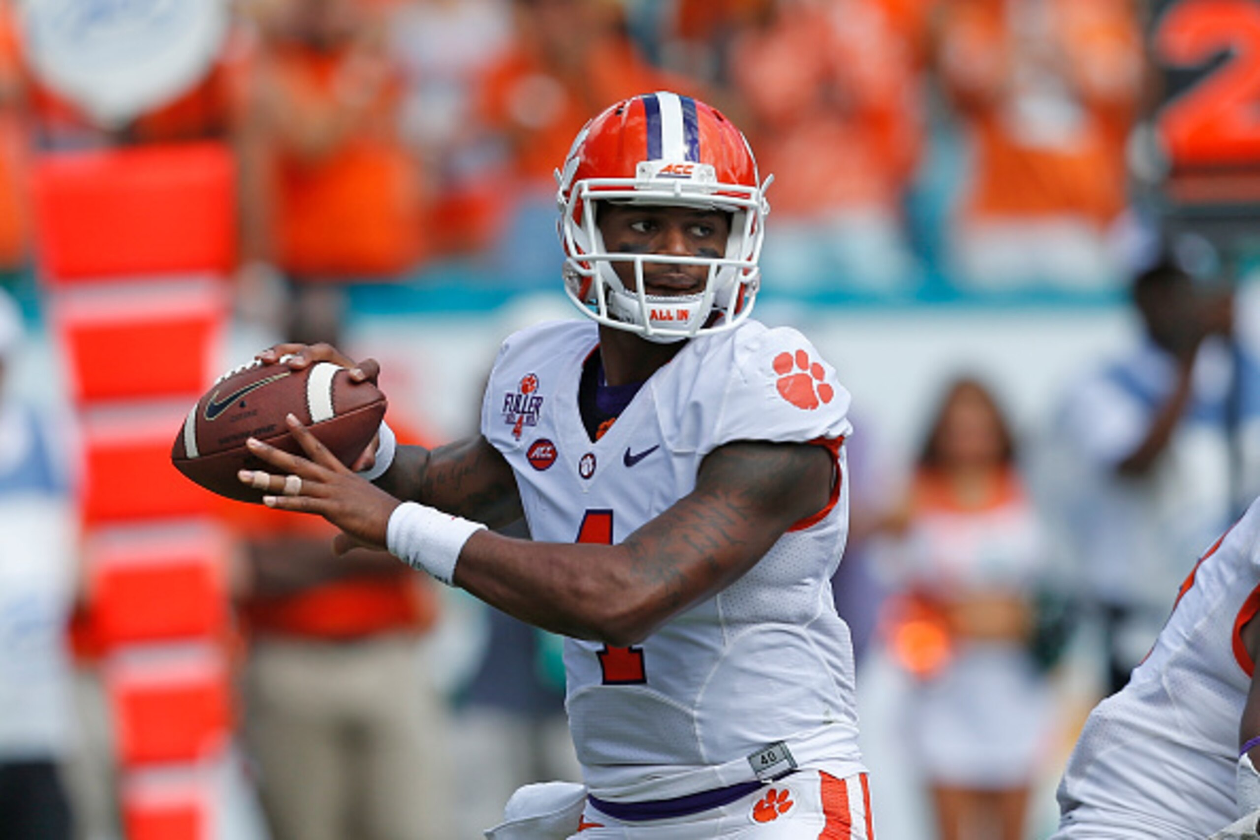 MIAMI GARDENS, FL - OCTOBER 24: Deshaun Watson #4 of the Clemson Tigers throws the ball against the Miami Hurricanes on October 24, 2015 at Sun Life Stadium in Miami Gardens, Florida. Clemson defeated Miami 58-0. (Photo by Joel Auerbach/Getty Images)