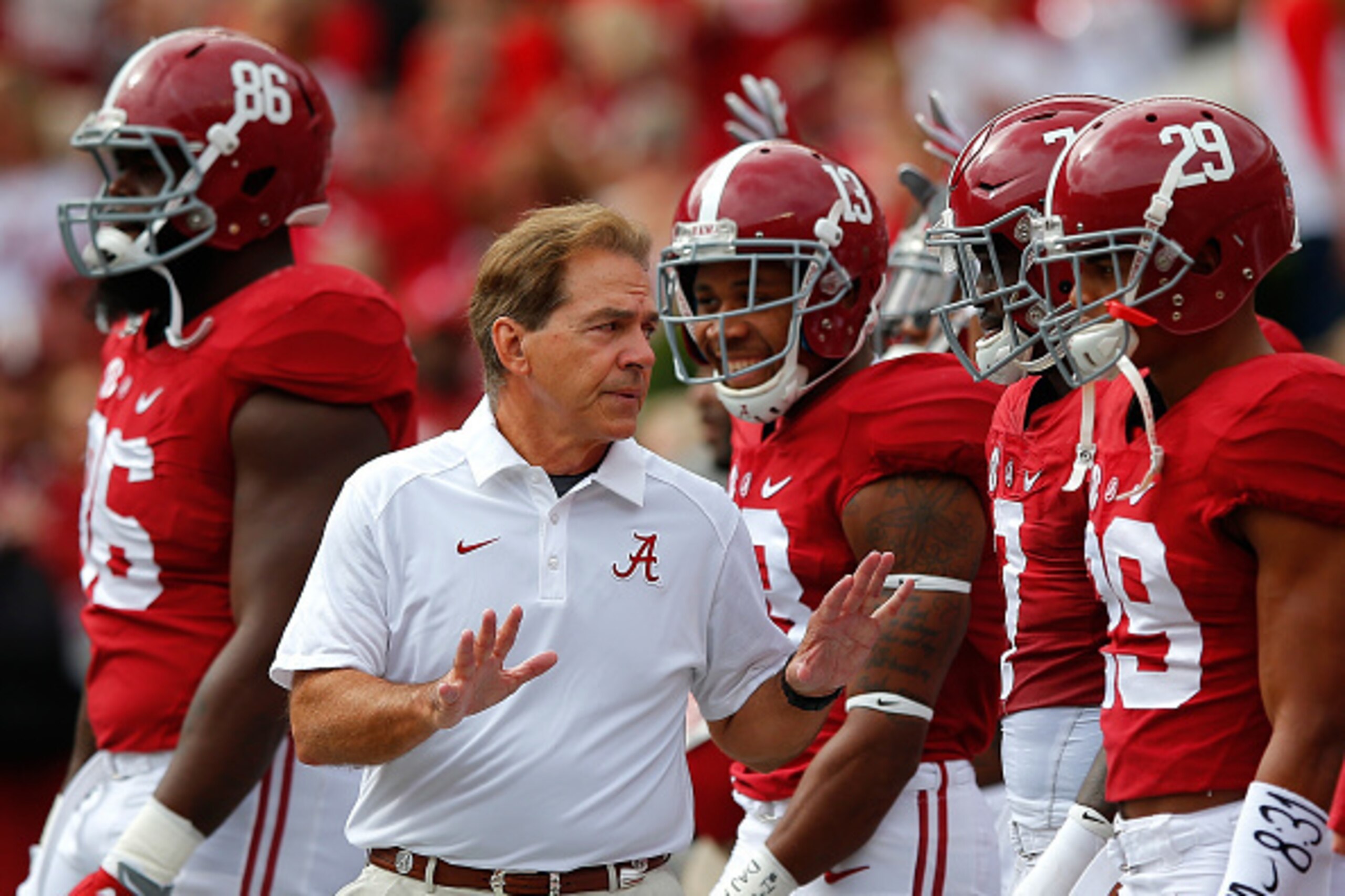 TUSCALOOSA, AL - OCTOBER 24:  Head coach Nick Saban of the Alabama Crimson Tide walks his team onto the field prior to facing the Tennessee Volunteers at Bryant-Denny Stadium on October 24, 2015 in Tuscaloosa, Alabama.  (Photo by Kevin C. Cox/Getty Images