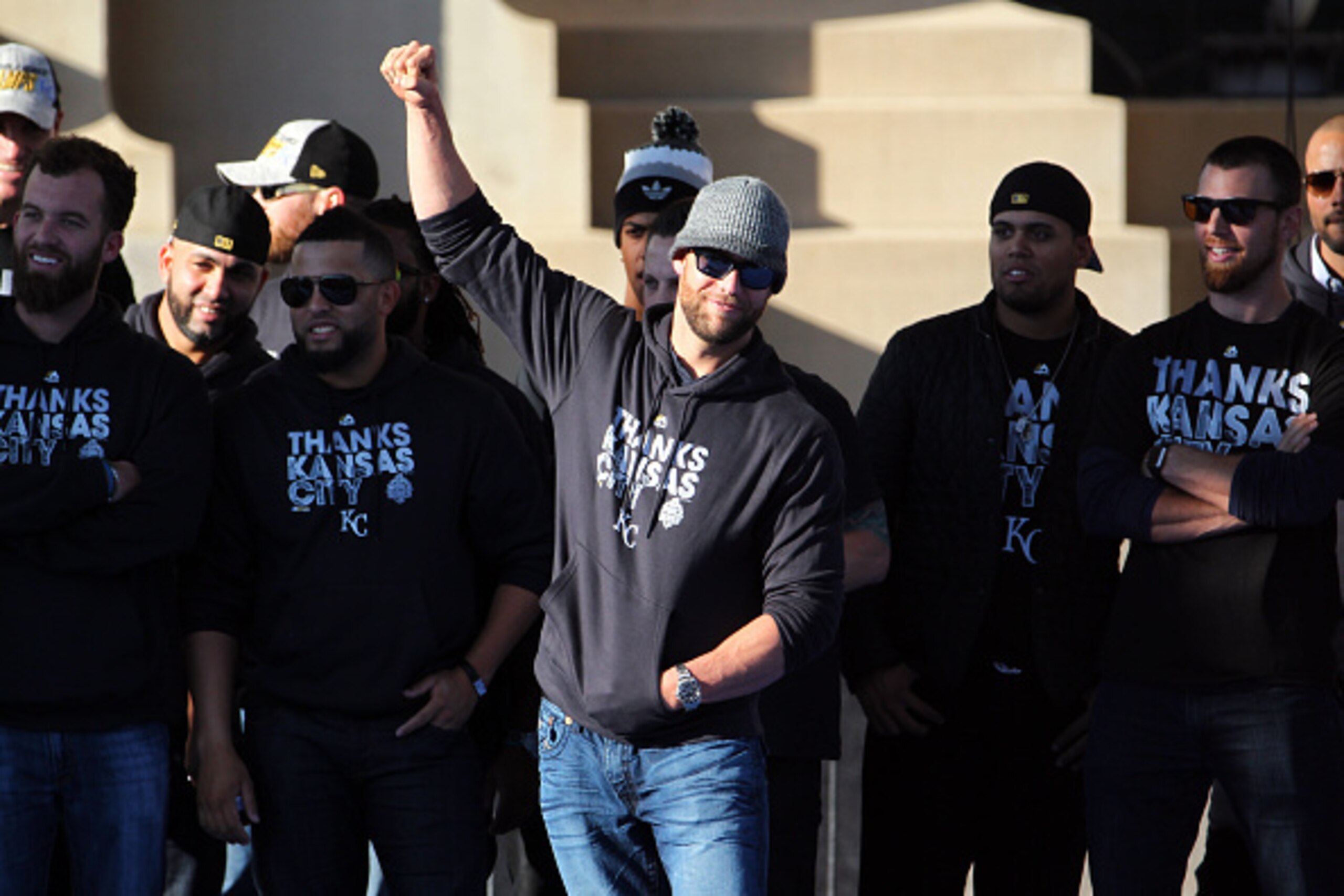 KANSAS CITY, MO - NOVEMBER 03:  Alex Gordon #4 of the Kansas City Royals rallys the crowd during a parade and celebration in honor of the Kansas City Royals' World Series win on November 3, 2015 in Kansas City, Missouri.  (Photo by Jamie Squire/Getty Imag