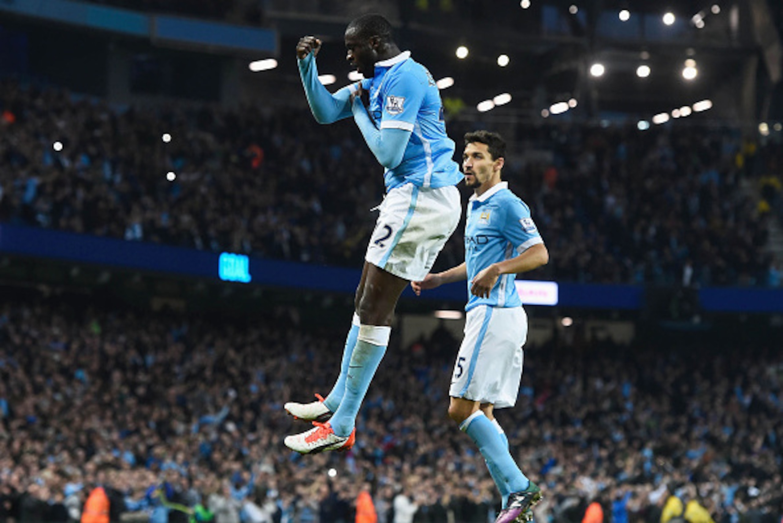 MANCHESTER, ENGLAND - OCTOBER 31:  Yaya Toure of Manchester City celebrates scoring his team's second goal from the penalty spot during the Barclays Premier League match between Manchester City and Norwich City at Etihad Stadium on October 31, 2015 in Man