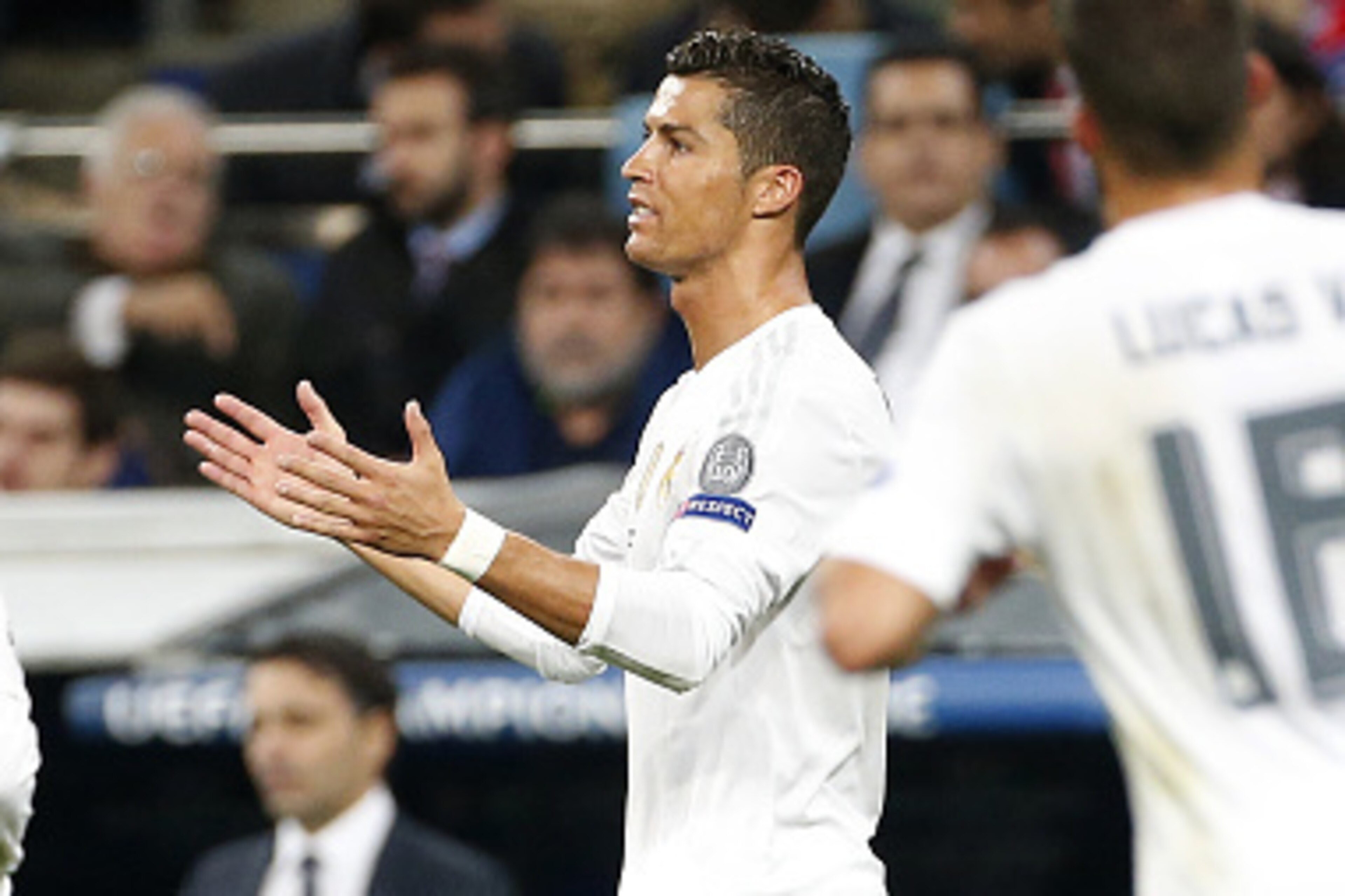 MADRID, SPAIN - NOVEMBER 3: Cristiano Ronaldo of Real Madrid reacts during the UEFA Champions League match between Real Madrid and Paris Saint-Germain (PSG) at Santiago Bernabeu stadium on November 3, 2015 in Madrid, Spain. (Photo by Jean Catuffe/Getty Im