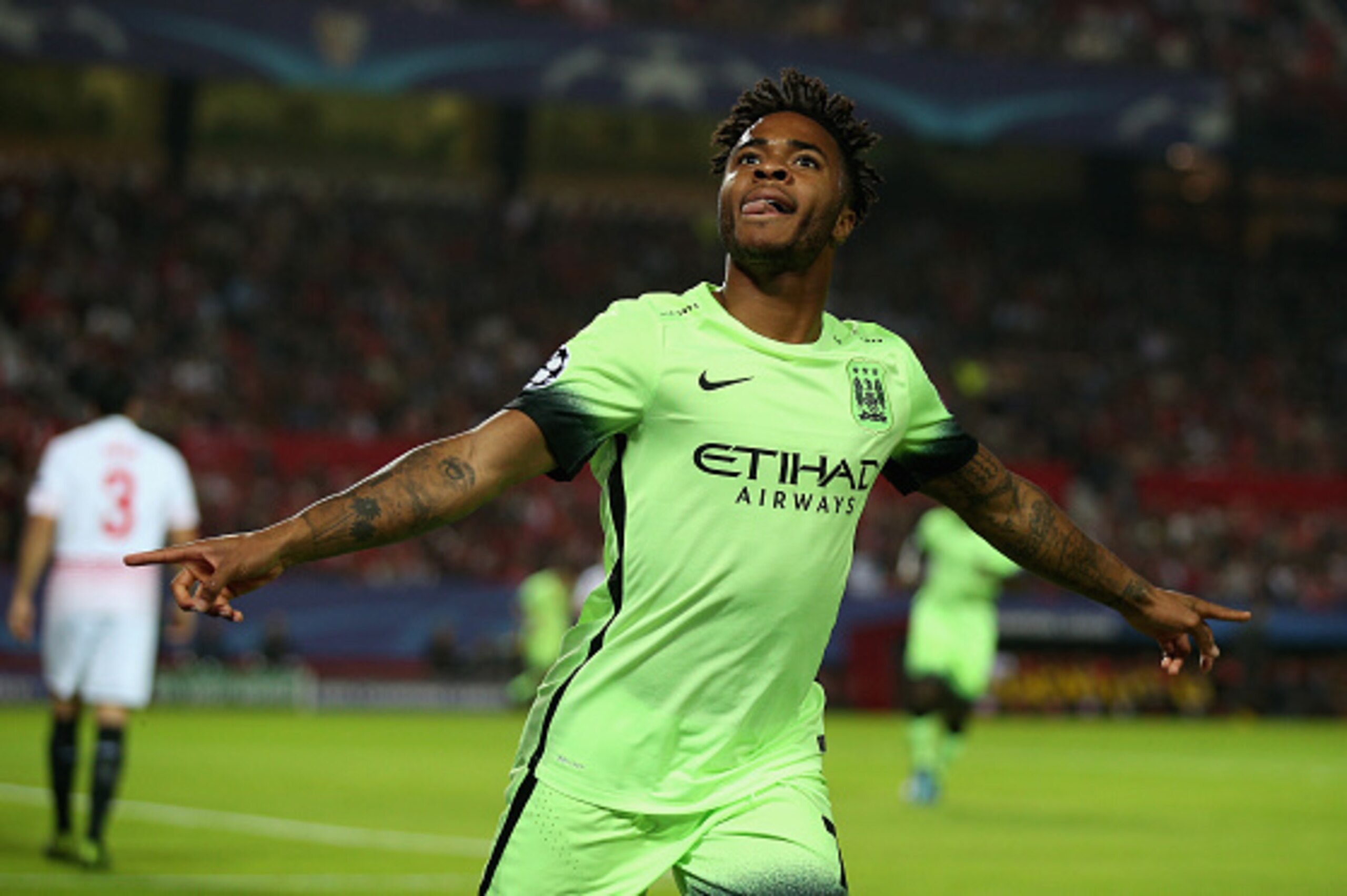 SEVILLE, SPAIN - NOVEMBER 03: Raheem Sterling of Manchester City celebrates as he scores their first goal during the UEFA Champions League Group D match between Sevilla FC and Manchester City FC at Estadio Ramon Sanchez Pizjuan on November 3, 2015 in Sev SEVILLE, SPAIN - NOVEMBER 03: Raheem Sterling of Manchester City celebrates as he scores their first goal during the UEFA Champions League Group D match between Sevilla FC and Manchester City FC at Estadio Ramon Sanchez Pizjuan on November 3, 2015 in Sev