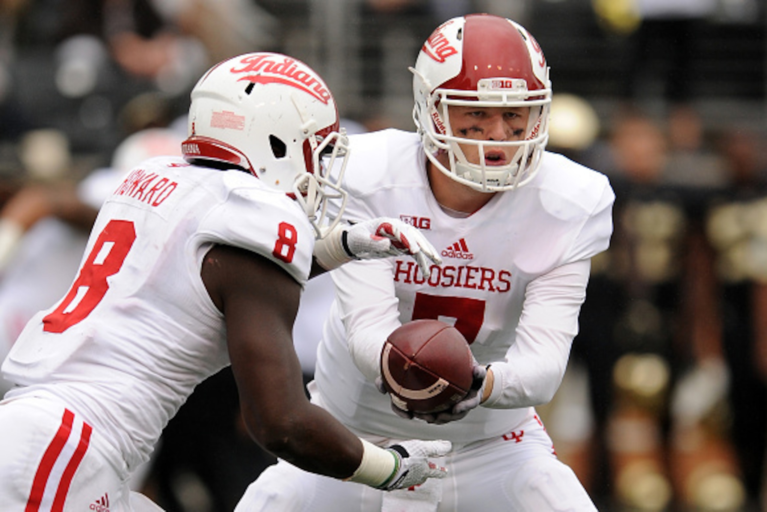 WINSTON-SALEM, NC - SEPTEMBER 26: Nate Sudfeld #7 of the Indiana Hoosiers hands off to Jordan Howard #8 during their game against the Wake Forest Demon Deacons at BB&T Field on September 26, 2015 in Winston-Salem, North Carolina. (Photo by Lance King/Gett