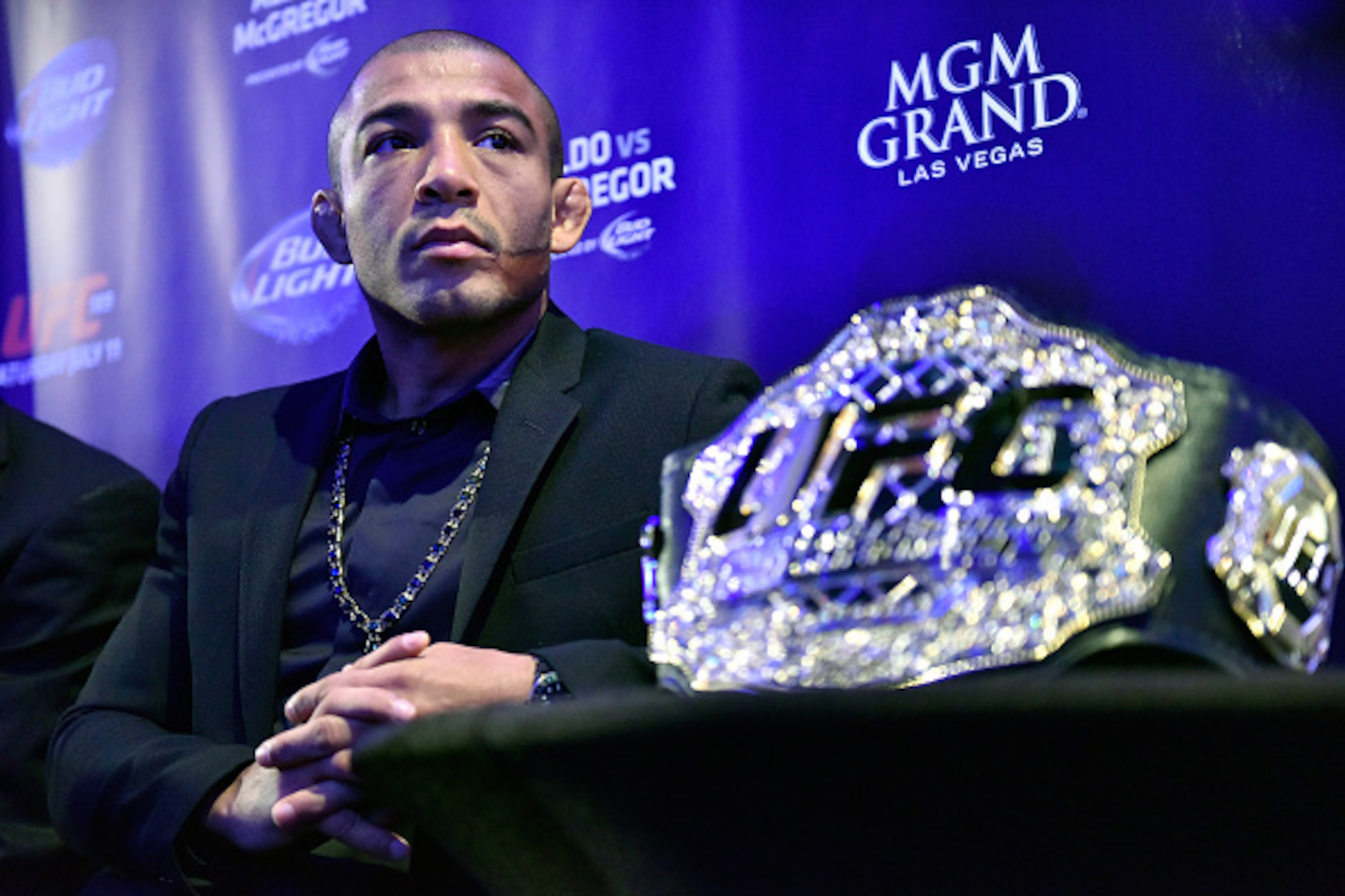 DUBLIN, IRELAND - MARCH 31:  UFC Featherweight Champion Jose Aldo of Brazil speaks to media during the UFC 189 World Championship Media Availability on March 31, 2015 in Dublin, Ireland. (Photo by Jeff Bottari/Zuffa LLC/Zuffa LLC via Getty Images)