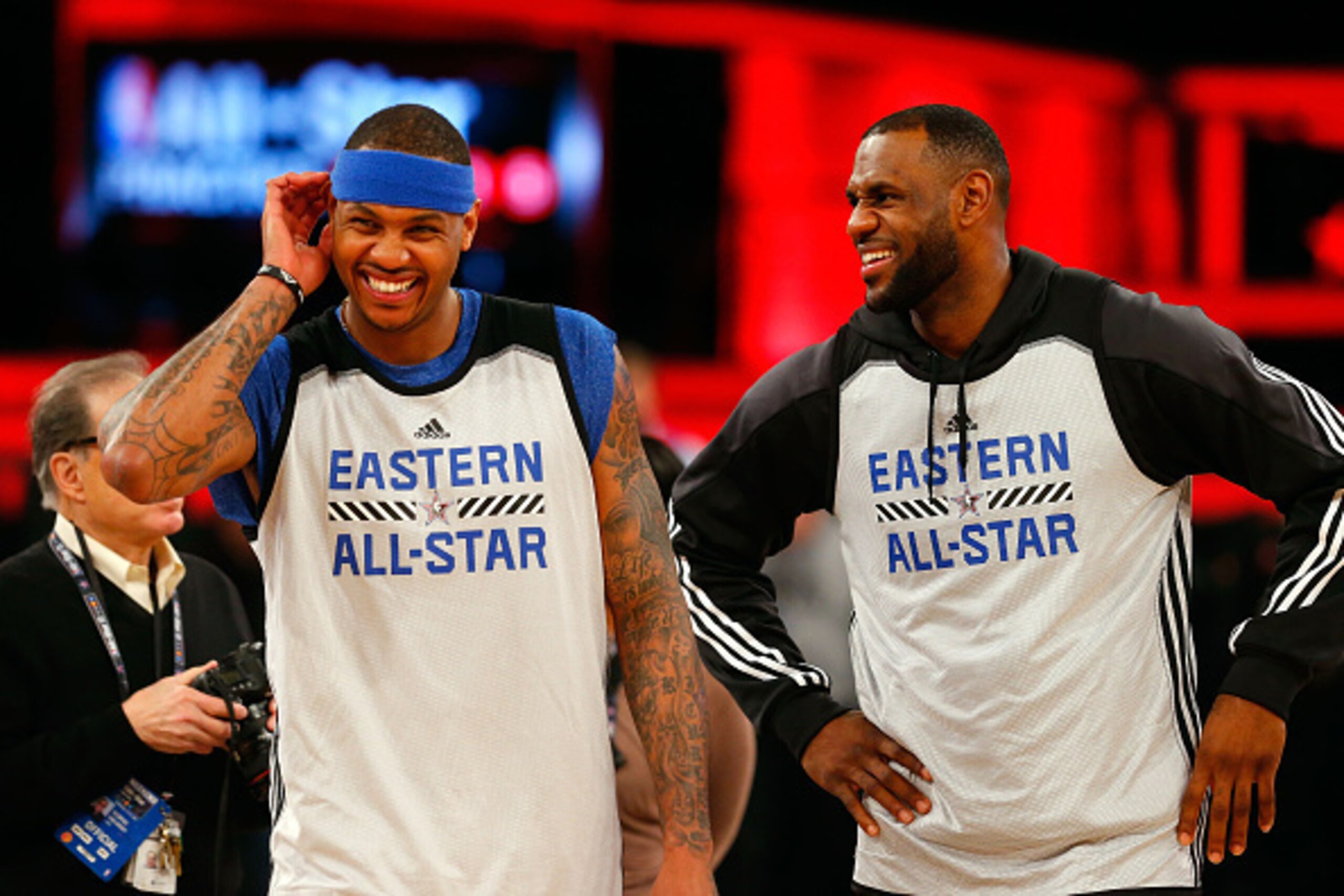 NEW YORK, NY - FEBRUARY 14:  (NEW YORK DAILIES OUT)   Carmelo Anthony #7 (L) and LeBron James #23 of the Eastern Conference have a laugh during NBA All-Star Practice at Madison Square Garden on February 14, 2015 in New York City.  NOTE TO USER: User expre