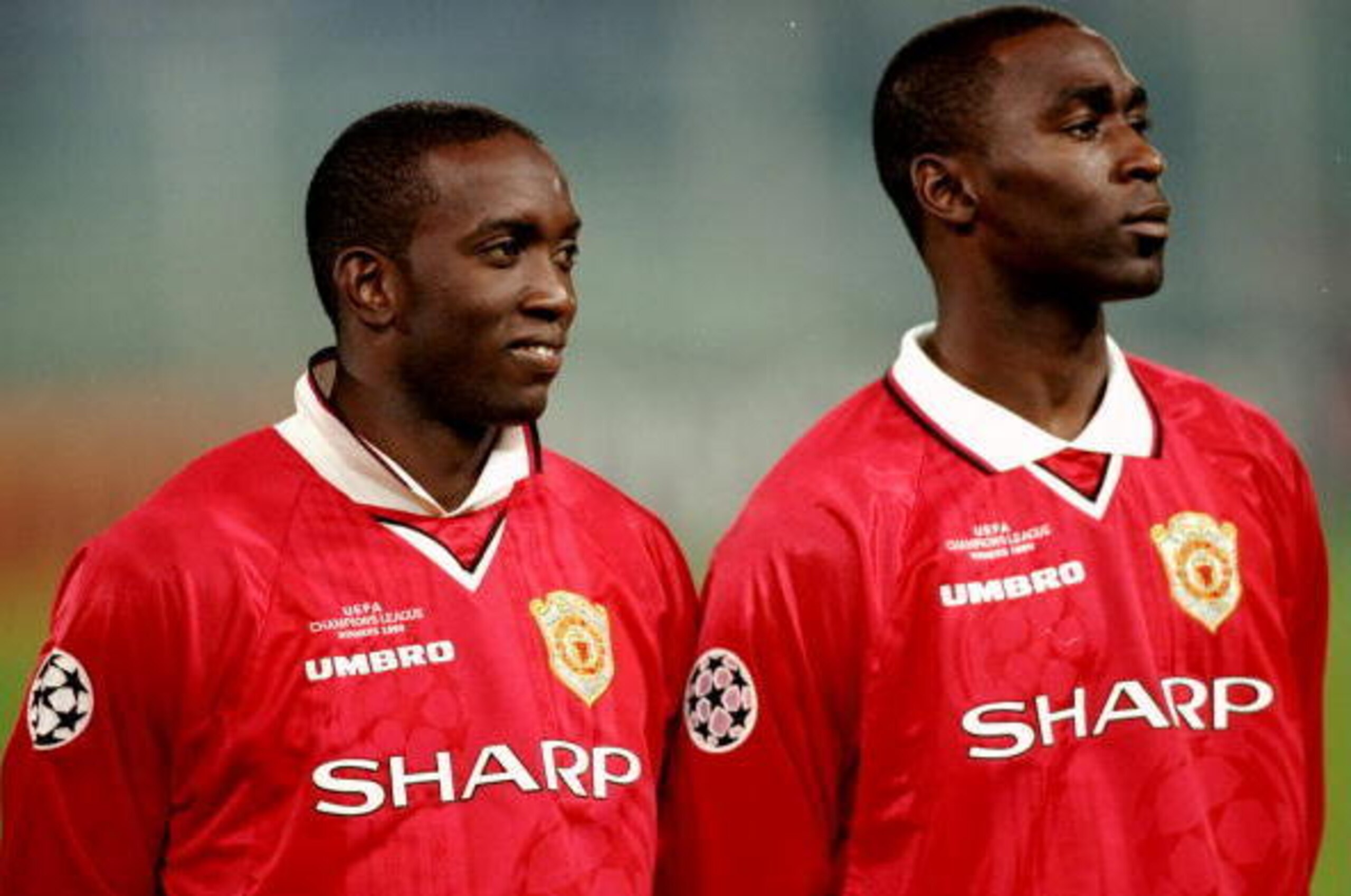 23 Nov 1999:  Strike partners Dwight Yorke and Andy Cole of Manchester United lining up for the UEFA Champions League Group B match against Fiorentina at the Artemio Franchi Stadium in Florence, Italy. Fiorentina won 2-0. \ Mandatory Credit: Alex Livesey/