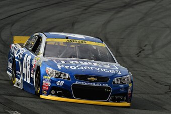 LOUDON, NH - SEPTEMBER 25:  Jimmie Johnson, driver of the #48 Lowe's Pro Services Chevrolet, practices for the NASCAR Sprint Cup Series Sylvania 300 at New Hampshire Motor Speedway on September 25, 2015 in Loudon, New Hampshire.  (Photo by Jared C. Tilton