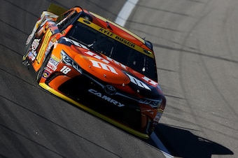 KANSAS CITY, KS - OCTOBER 16: Kyle Busch, driver of the #18 M&M's Halloween Toyota, practices for the NASCAR Sprint Cup Series Hollywood Casino 400 at Kansas Speedway on October 16, 2015 in Kansas City, Kansas.  (Photo by Todd Warshaw/Getty Images)