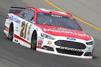 BROOKLYN, MI - AUGUST 14:  Ryan Blaney drives the #21 Motorcraft/Quick Lane Tire & Auto Center Ford during practice for the NASCAR Sprint Cup Series Pure Michigan 400 at Michigan International Speedway on August 14, 2015 in Brooklyn, Michigan.  (Photo by 