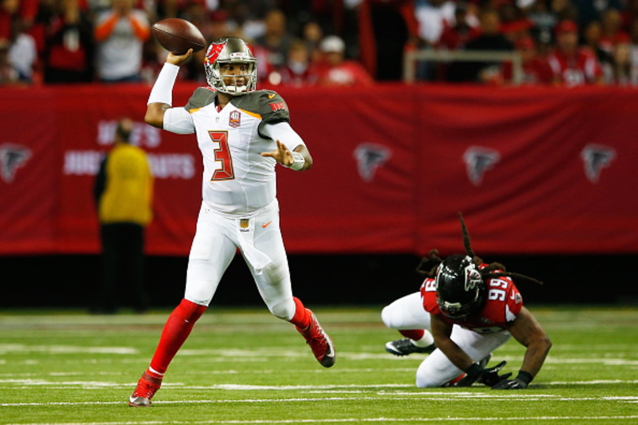 ATLANTA, GA - NOVEMBER 01: Jameis Winston #3 of the Tampa Bay Buccaneers throws a pass outside the pocket during the second half against the Tampa Bay Buccaneers at the Georgia Dome on November 1, 2015 in Atlanta, Georgia. (Photo by Kevin C. Cox/Getty I ATLANTA, GA - NOVEMBER 01: Jameis Winston #3 of the Tampa Bay Buccaneers throws a pass outside the pocket during the second half against the Tampa Bay Buccaneers at the Georgia Dome on November 1, 2015 in Atlanta, Georgia. (Photo by Kevin C. Cox/Getty I