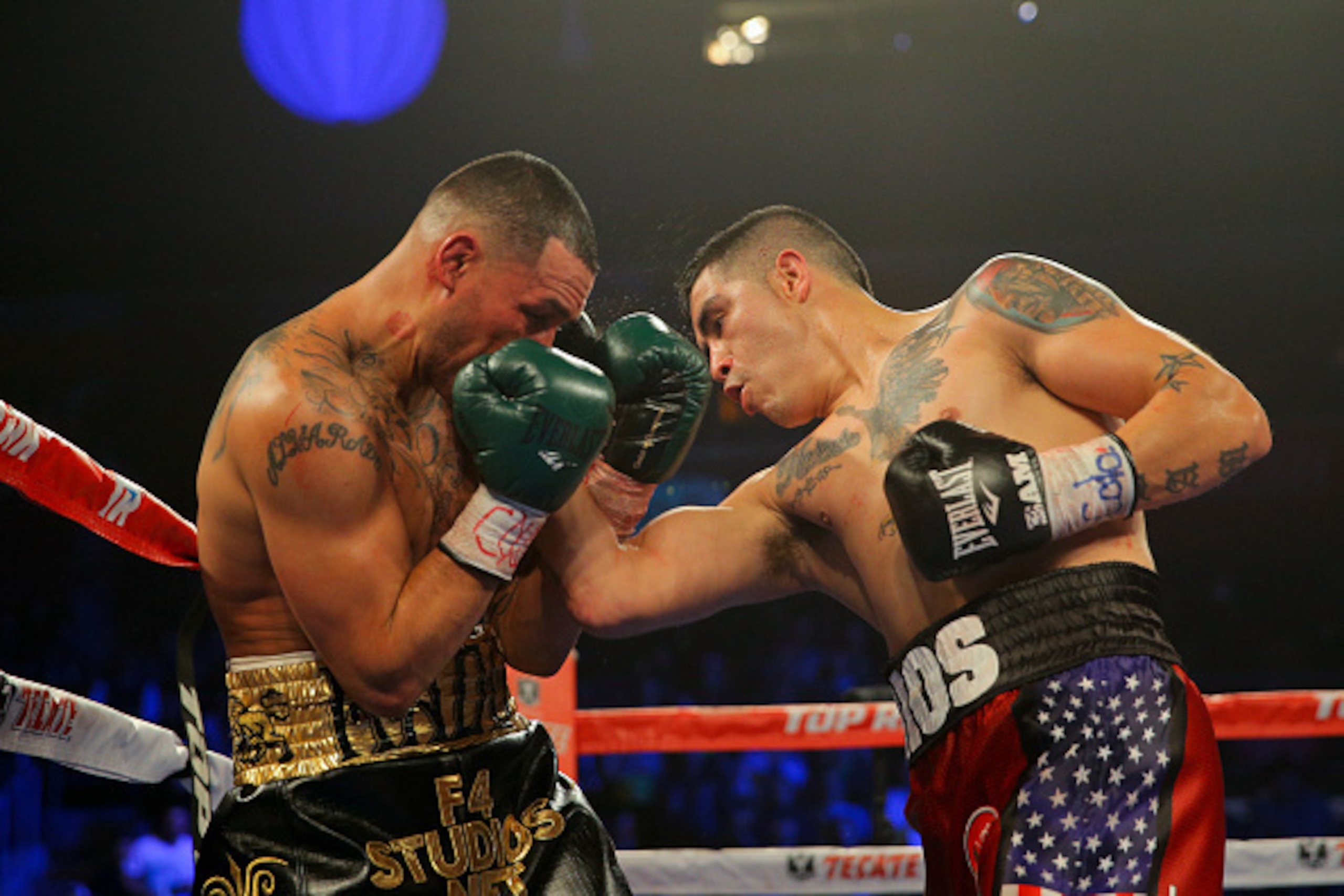 BROOMFIELD, CO - JANUARY 24:  Mike Alvarado (L) fights Brandon Rios during a WBO International Welterweight Title fight at First Bank Center on January 24, 2015 in Broomfield, Colorado. Rios won by TKO at the start of the fourth round. (Photo by Justin Ed