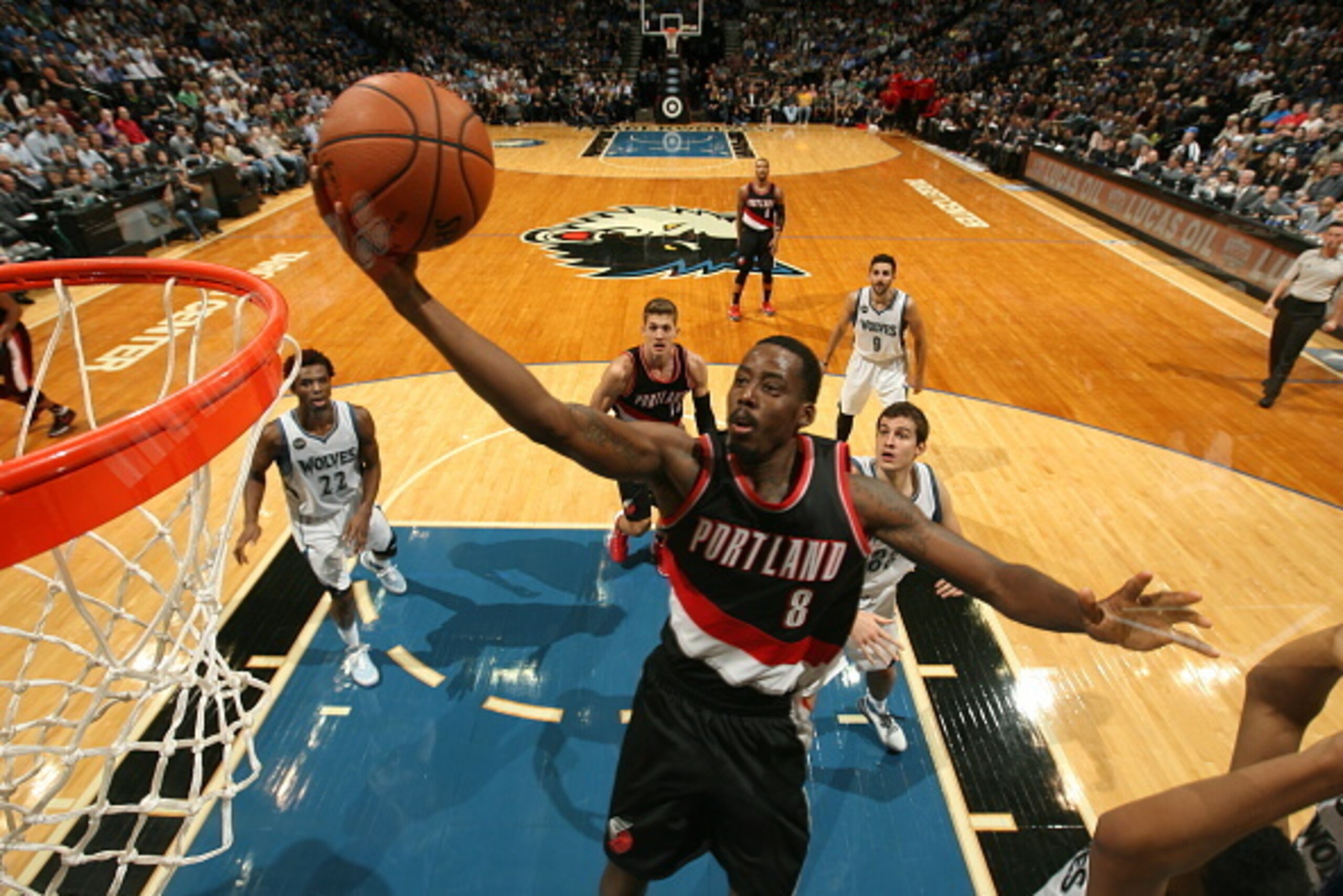 MINNEAPOLIS, MN - NOVEMBER 2: Al-Farouq Aminu #8 of the Portland Trail Blazers goes for the layup against the Minnesota Timberwolves during the game on November 2, 2015 at Target Center in Minneapolis, Minnesota. NOTE TO USER: User expressly acknowledges 
