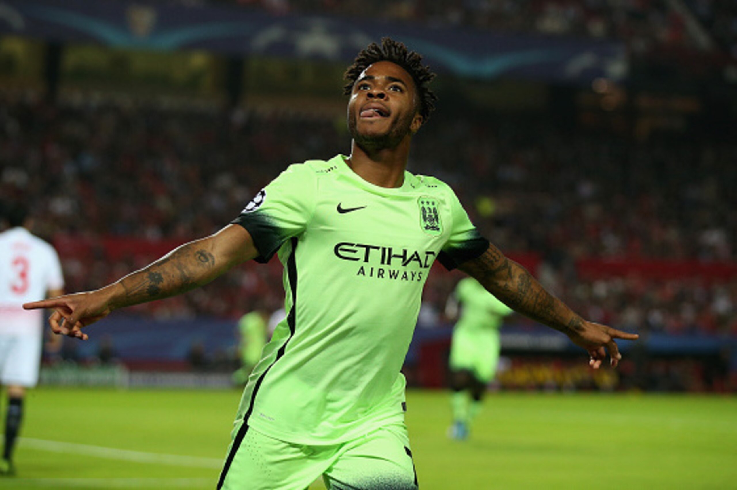 SEVILLE, SPAIN - NOVEMBER 03:  Raheem Sterling of Manchester City celebrates as he scores their first goal during the UEFA Champions League Group D match between Sevilla FC and Manchester City FC at Estadio Ramon Sanchez Pizjuan on November 3, 2015 in Sev