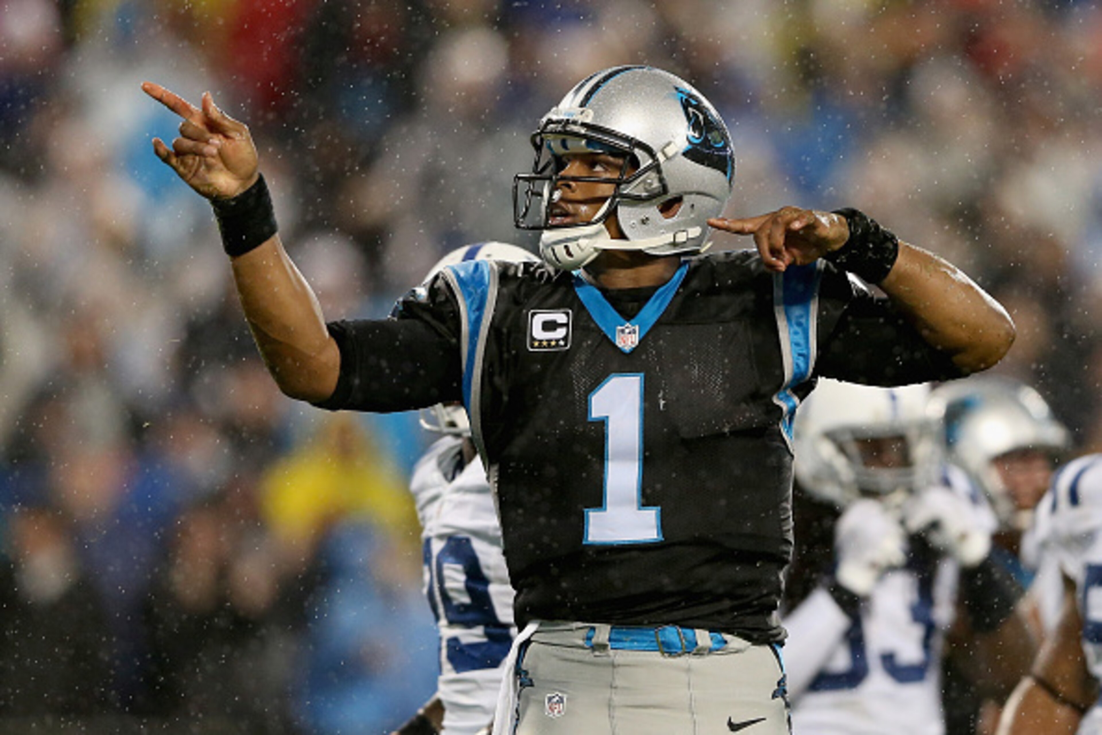 CHARLOTTE, NC - NOVEMBER 02:   Cam Newton #1 of the Carolina Panthers reacts to making a first down during their game against the Indianapolis Colts at Bank of America Stadium on November 2, 2015 in Charlotte, North Carolina.  (Photo by Streeter Lecka/Get