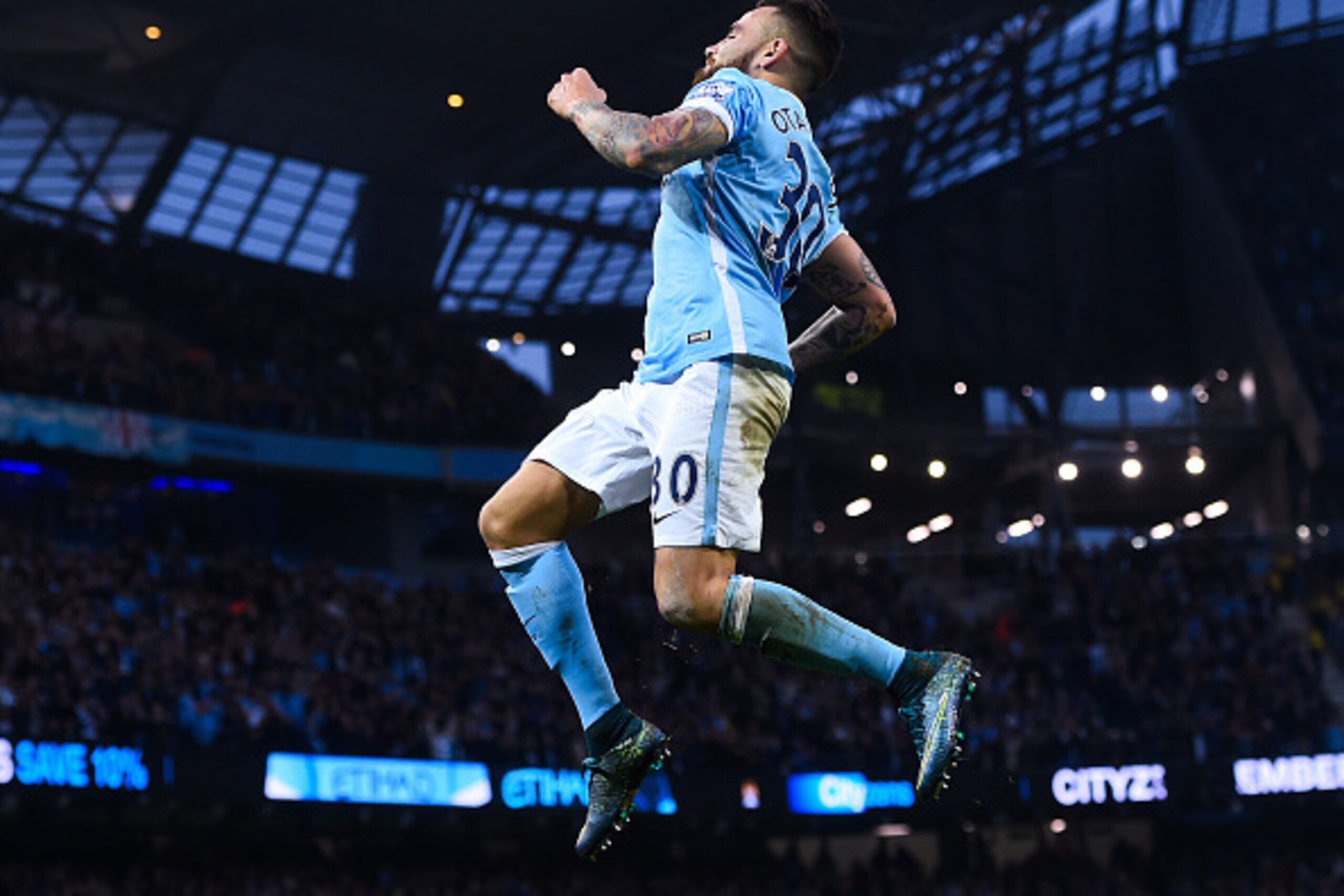 MANCHESTER, ENGLAND - OCTOBER 31:  Nicolas Otamendi of Manchester City FC celebrates after scoring the opening goal during the Barclays Premier League match between Manchester City and Norwich City at Etihad Stadium on October 31, 2015 in Manchester, Engl