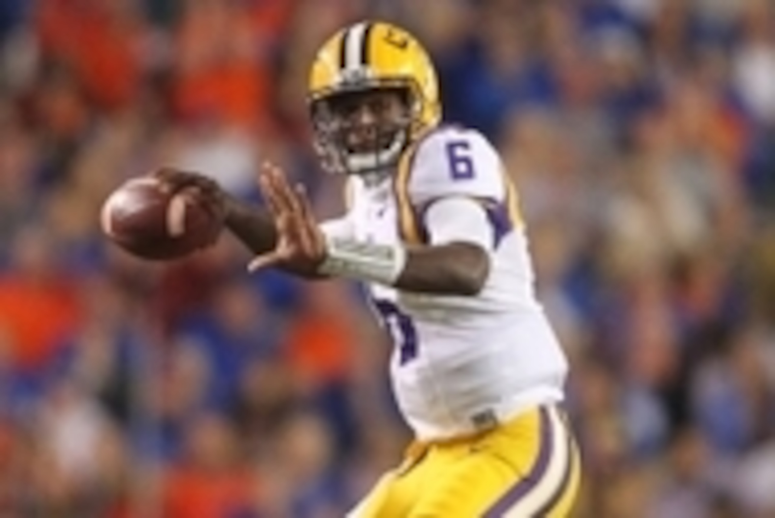 Oct 17, 2015; Baton Rouge, LA, USA; LSU Tigers quarterback Brandon Harris (6) looks to pass the ball agains the Florida Gators at Tiger Stadium. The LSU Tigers defeated Florida 35-28. Mandatory Credit: Crystal LoGiudice-USA TODAY Sports
