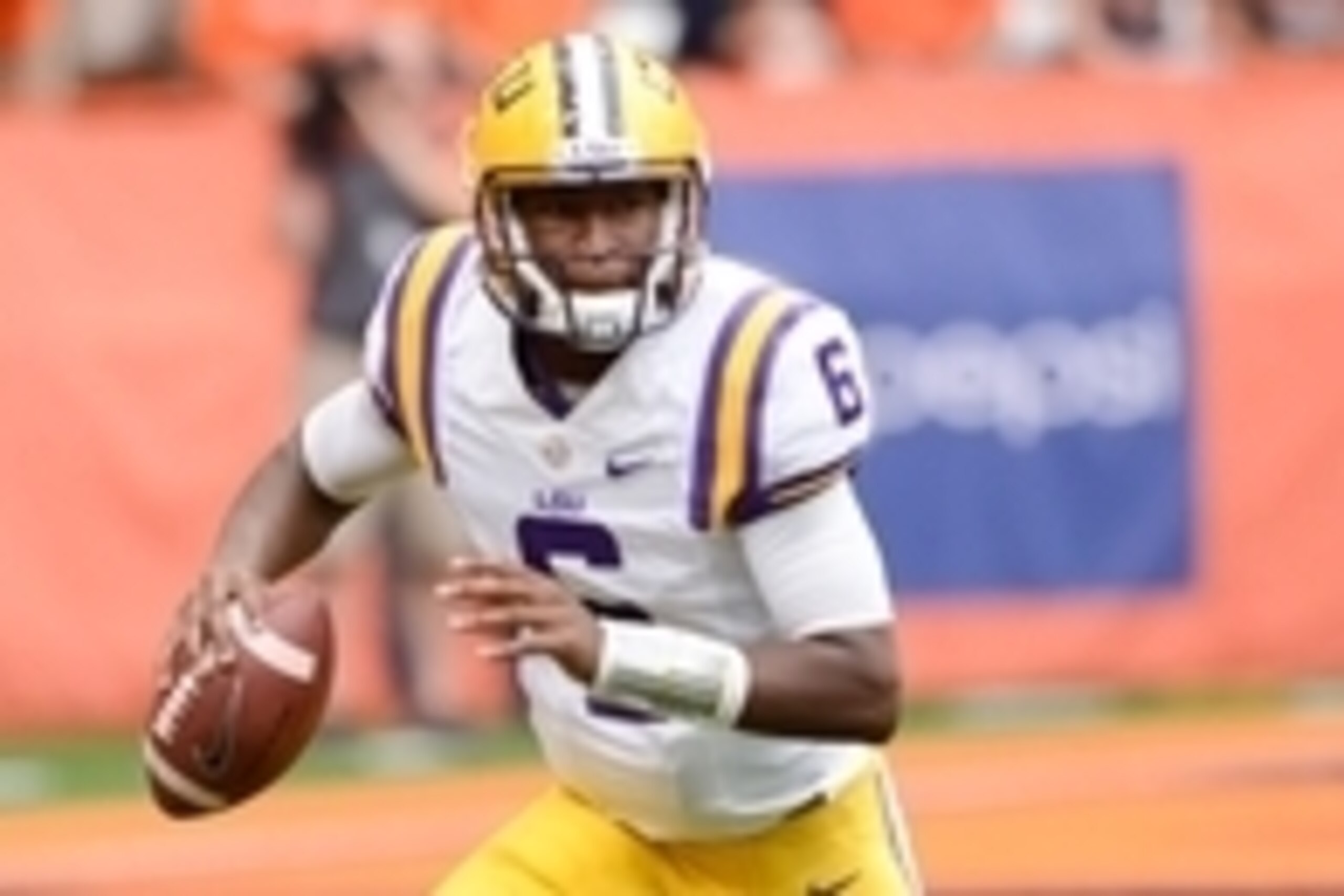 Sep 26, 2015; Syracuse, NY, USA; LSU Tigers quarterback Brandon Harris (6) during the fourth quarter of a game against the Syracuse Orange at the Carrier Dome. LSU won the game 34-24. Mandatory Credit: Mark Konezny-USA TODAY Sports