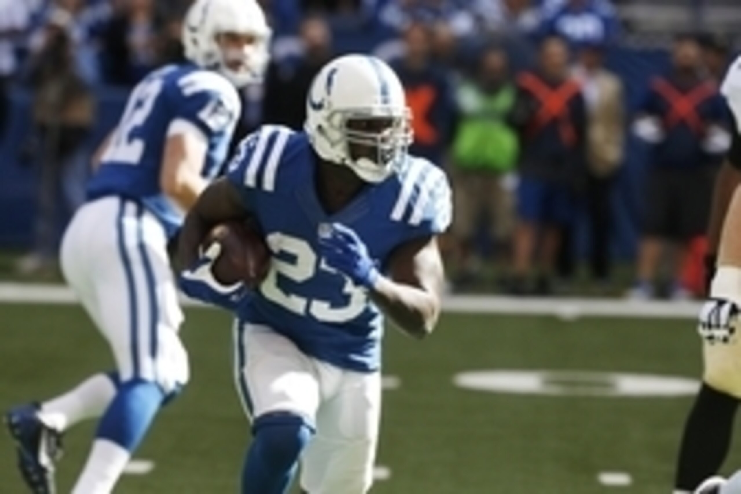 Oct 25, 2015; Indianapolis, IN, USA; Indianapolis Colts running back Frank Gore (23) runs with the ball against the New Orleans Saints at Lucas Oil Stadium. Mandatory Credit: Brian Spurlock-USA TODAY Sports
