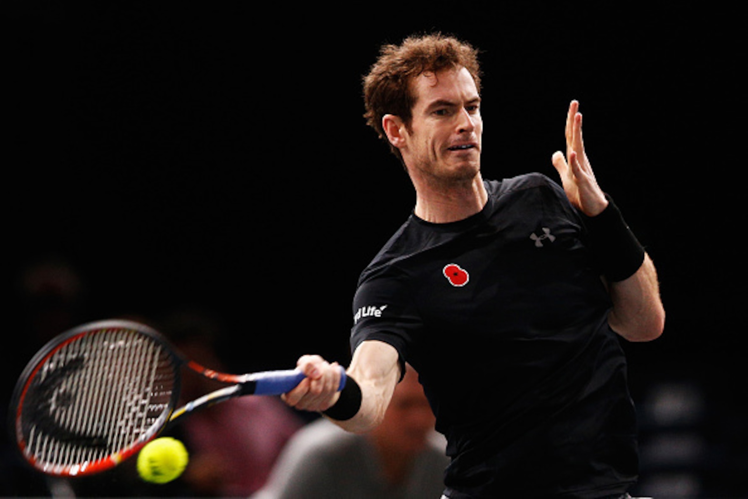 PARIS, FRANCE - NOVEMBER 05:  Andy Murray of Great Britain in action against David Goffin of Belgium during Day 4 of the BNP Paribas Masters held at AccorHotels Arena on November 5, 2015 in Paris, France.  (Photo by Dean Mouhtaropoulos/Getty Images)
