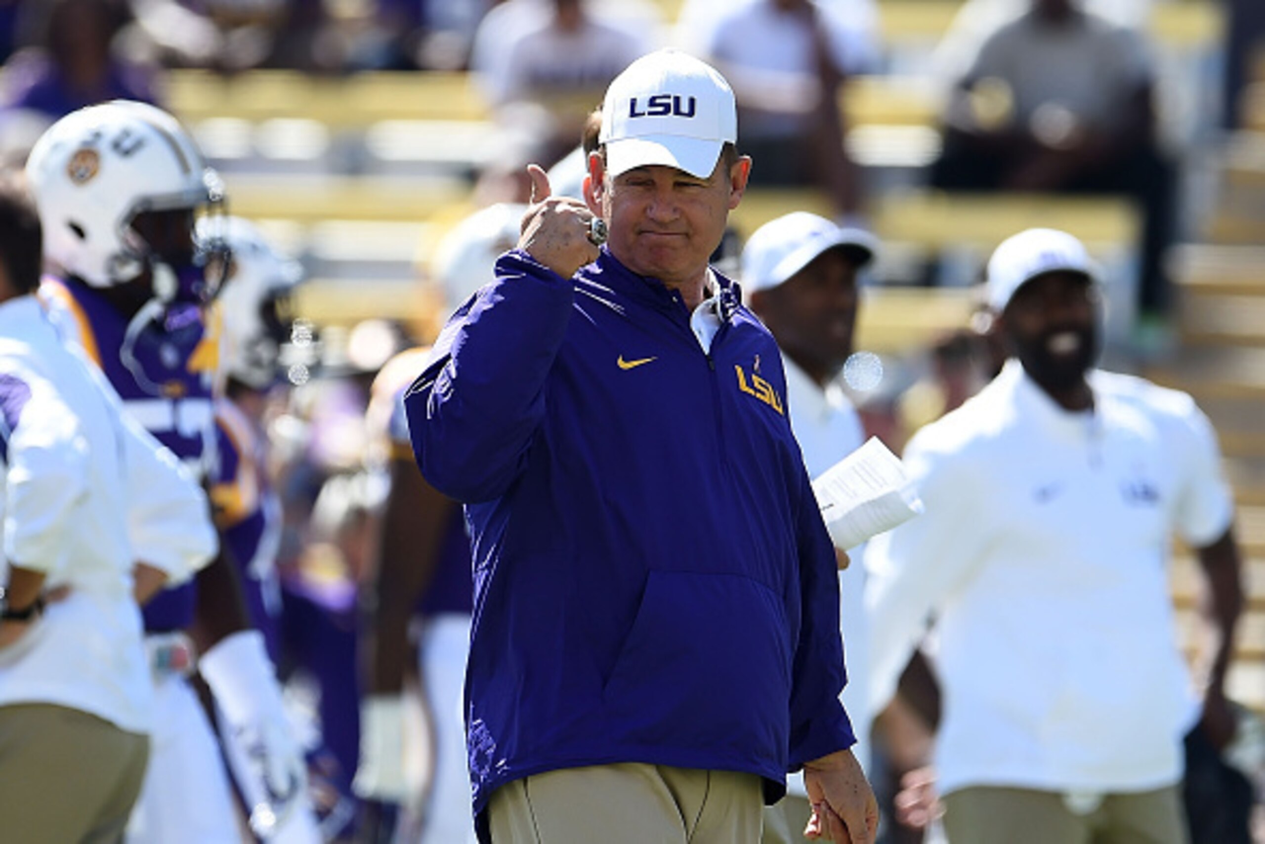 BATON ROUGE, LA - OCTOBER 10: Head coach Les Miles of the LSU Tigers watches his team during warmups prior to a game against the South Carolina Gamecocks at Tiger Stadium on October 10, 2015 in Baton Rouge, Louisiana. LSU defeated South Carolina 45-24. BATON ROUGE, LA - OCTOBER 10: Head coach Les Miles of the LSU Tigers watches his team during warmups prior to a game against the South Carolina Gamecocks at Tiger Stadium on October 10, 2015 in Baton Rouge, Louisiana. LSU defeated South Carolina 45-24.
