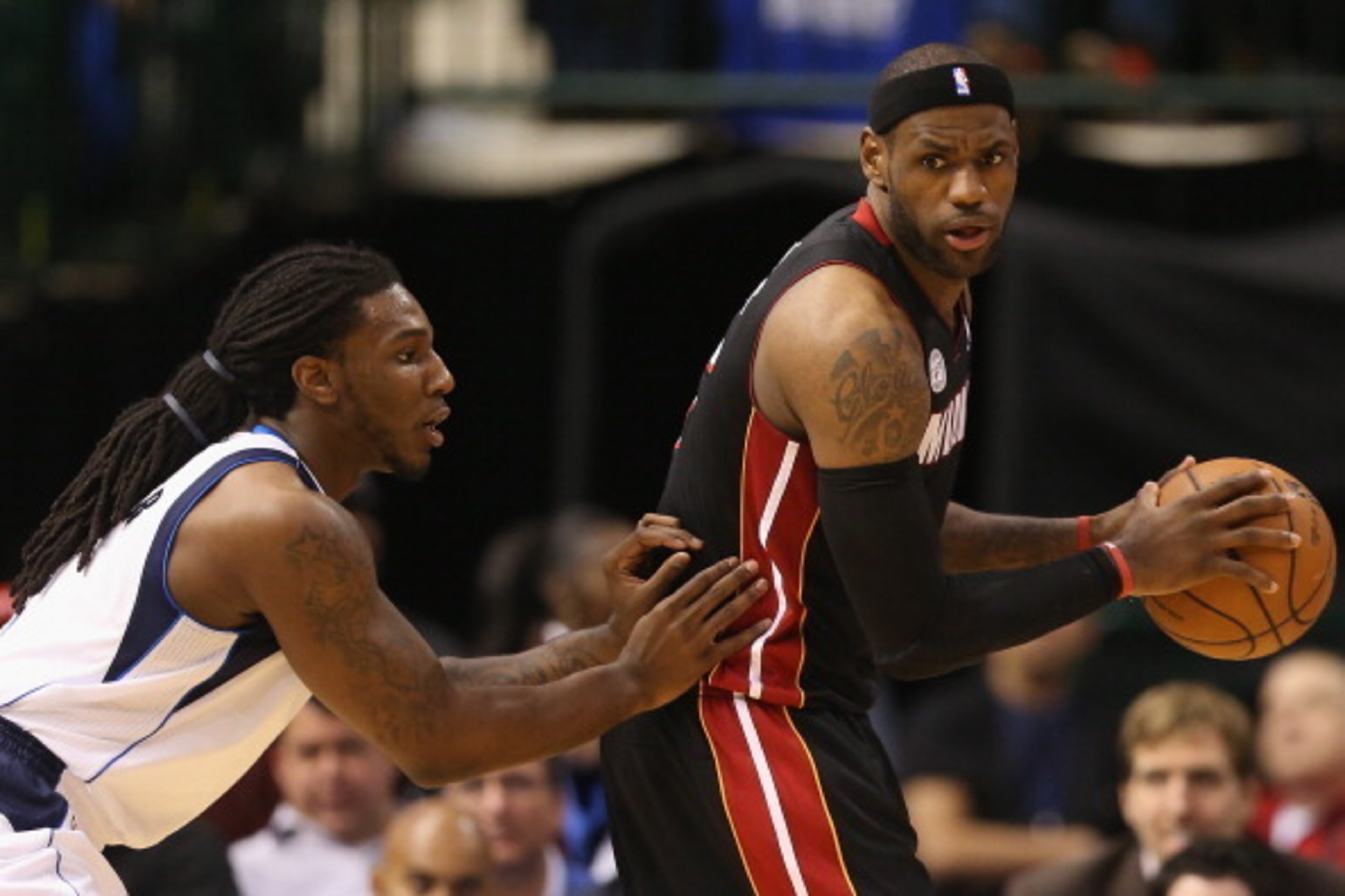 DALLAS, TX - DECEMBER 20:  LeBron James #6 of the Miami Heat and Jae Crowder #9 of the Dallas Mavericks at American Airlines Center on December 20, 2012 in Dallas, Texas.  NOTE TO USER: User expressly acknowledges and agrees that, by downloading and or us