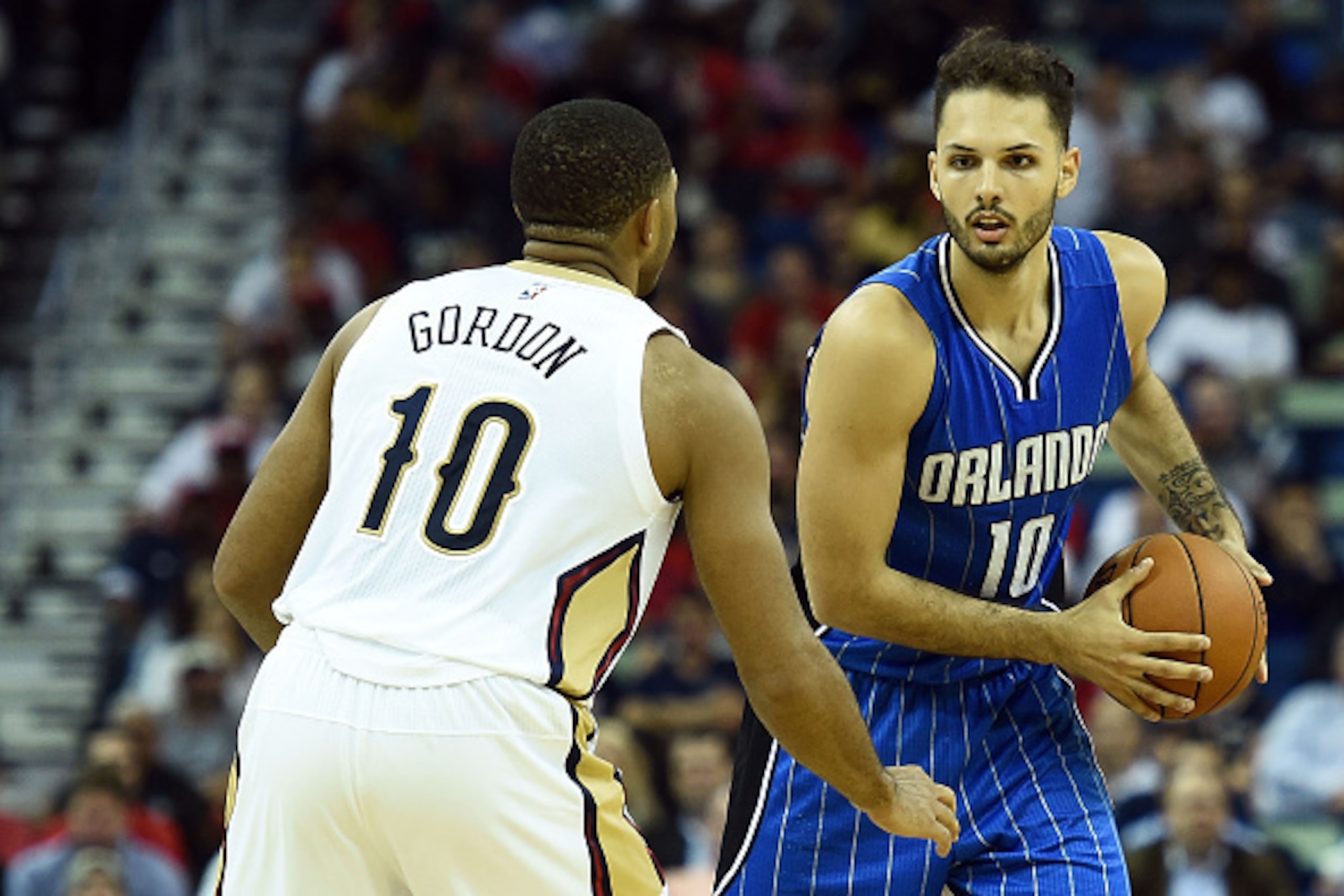 NEW ORLEANS, LA - NOVEMBER 03:  Evan Fournier #10 of the Orlando Magic works against Eric Gordon #10 of the New Orleans Pelicans during a game at the Smoothie King Center on November 3, 2015 in New Orleans, Louisiana. NOTE TO USER: User expressly acknowle