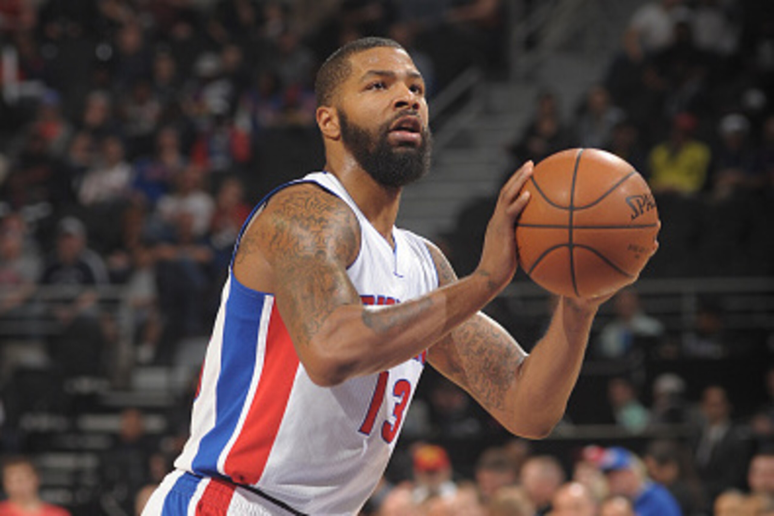 AUBURN HILLS, MI - NOVEMBER 2,  Marcus Morris #13 of the Detroit Pistons shoots a free throw against the Indiana Pacers during the game on November 2, 2015 at The Palace of Auburn Hills in Auburn Hills, Michigan. NOTE TO USER: User expressly acknowledges 