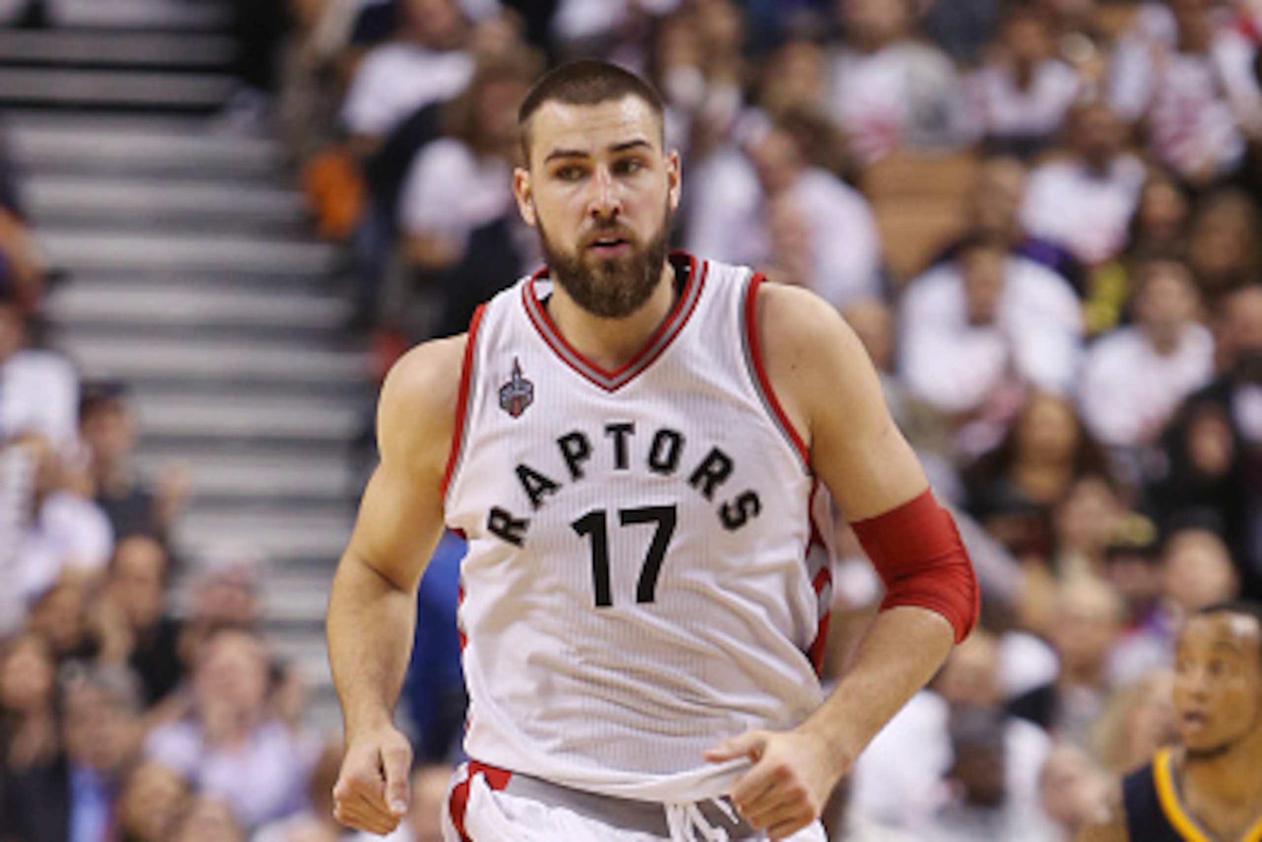 TORONTO, ON - OCTOBER 28:  Jonas Valanciunas #17 of the Toronto Raptors during the NBA season opener against the Indiana Pacers at Air Canada Centre on October 28, 2015 in Toronto, Ontario, Canada.  NOTE TO USER: User expressly acknowledges and agrees tha