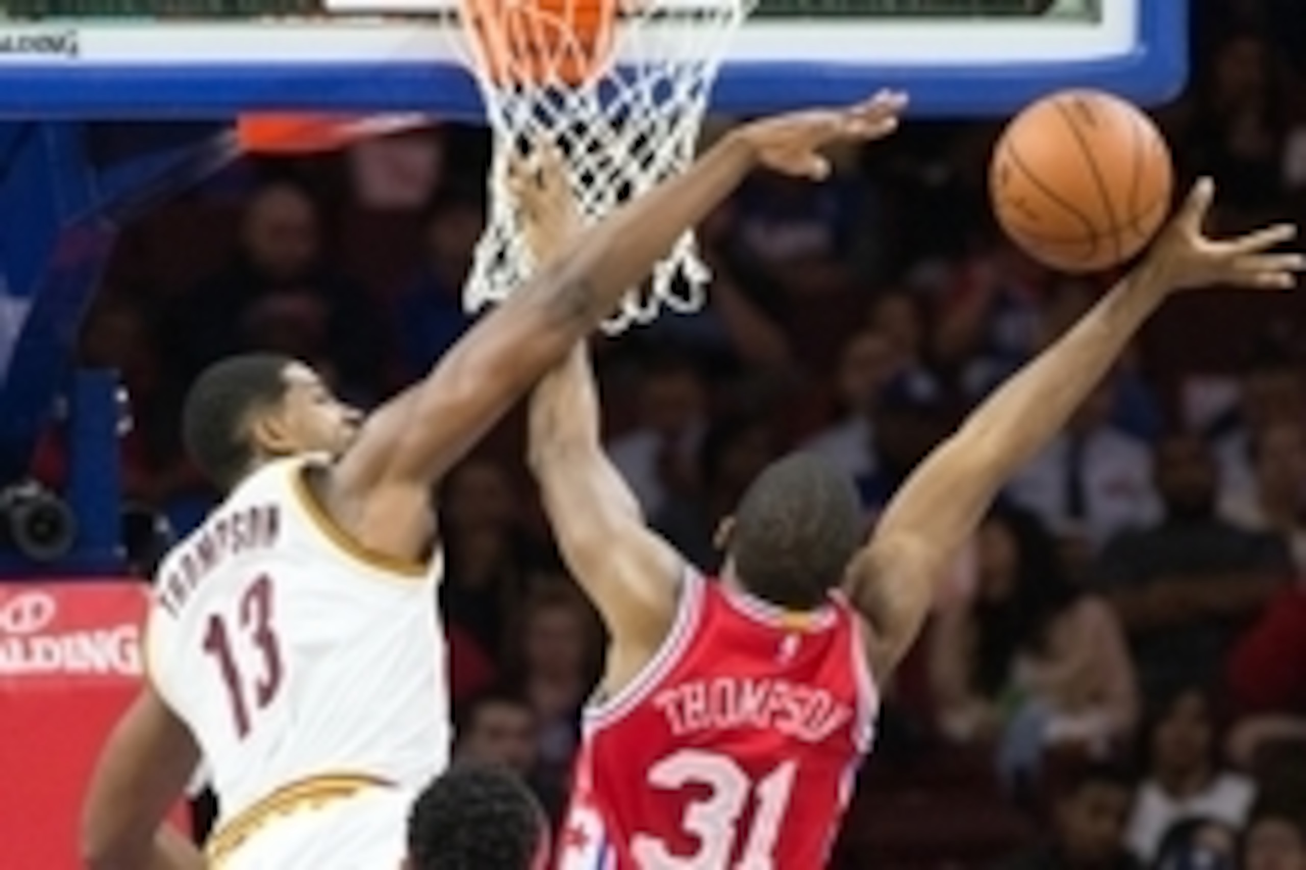 Nov 2, 2015; Philadelphia, PA, USA; Cleveland Cavaliers center Tristan Thompson (13) defends the shot attempt of Philadelphia 76ers guard Hollis Thompson (31) during the second quarter at Wells Fargo Center. Mandatory Credit: Bill Streicher-USA TODAY Spor