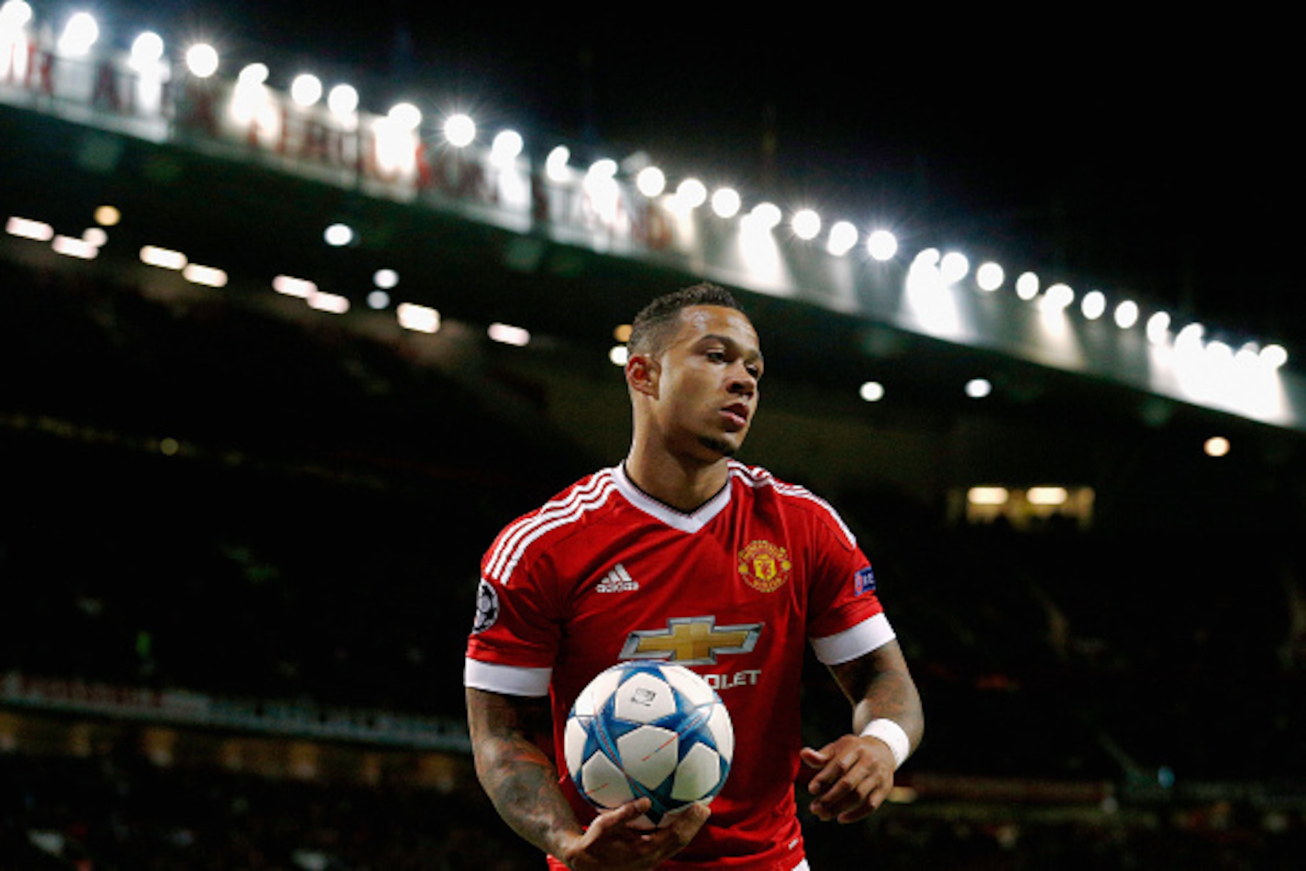 MANCHESTER, ENGLAND - SEPTEMBER 30:  Memphis Depay of Manchester United looks on during the UEFA Champions League Group B match between Manchester United FC and VfL Wolfsburg at Old Trafford on September 30, 2015 in Manchester, United Kingdom.  (Photo by 