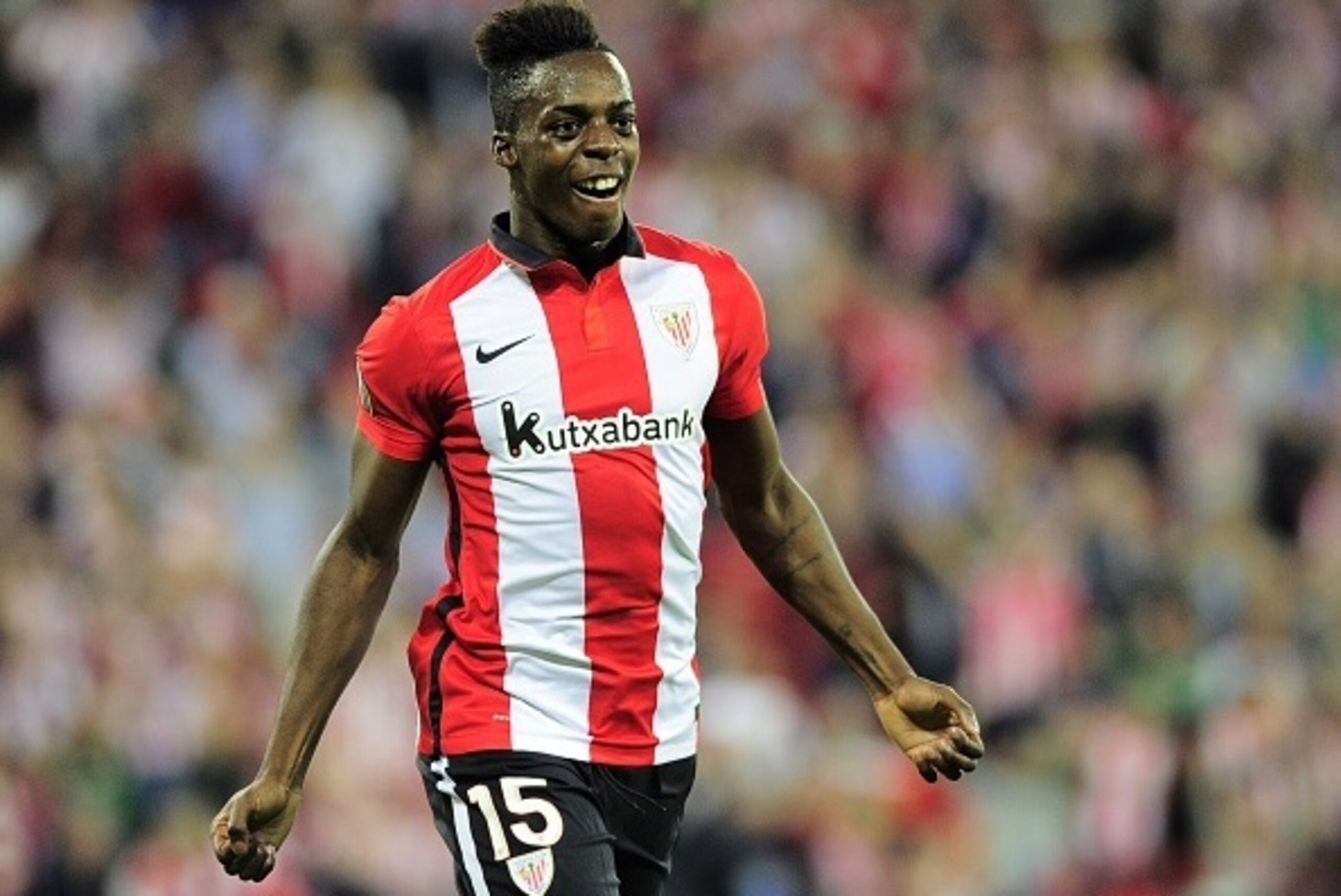 Athletic Bilbao's forward Inaki Williams Arthuer celebrates after scoring during the UEFA Europa League group L football match Athletic Club Bilbao vs FK Partizan at the San Mames stadium in Bilbao on November 5, 2015.   AFP PHOTO/ ANDER GILLENEA        (