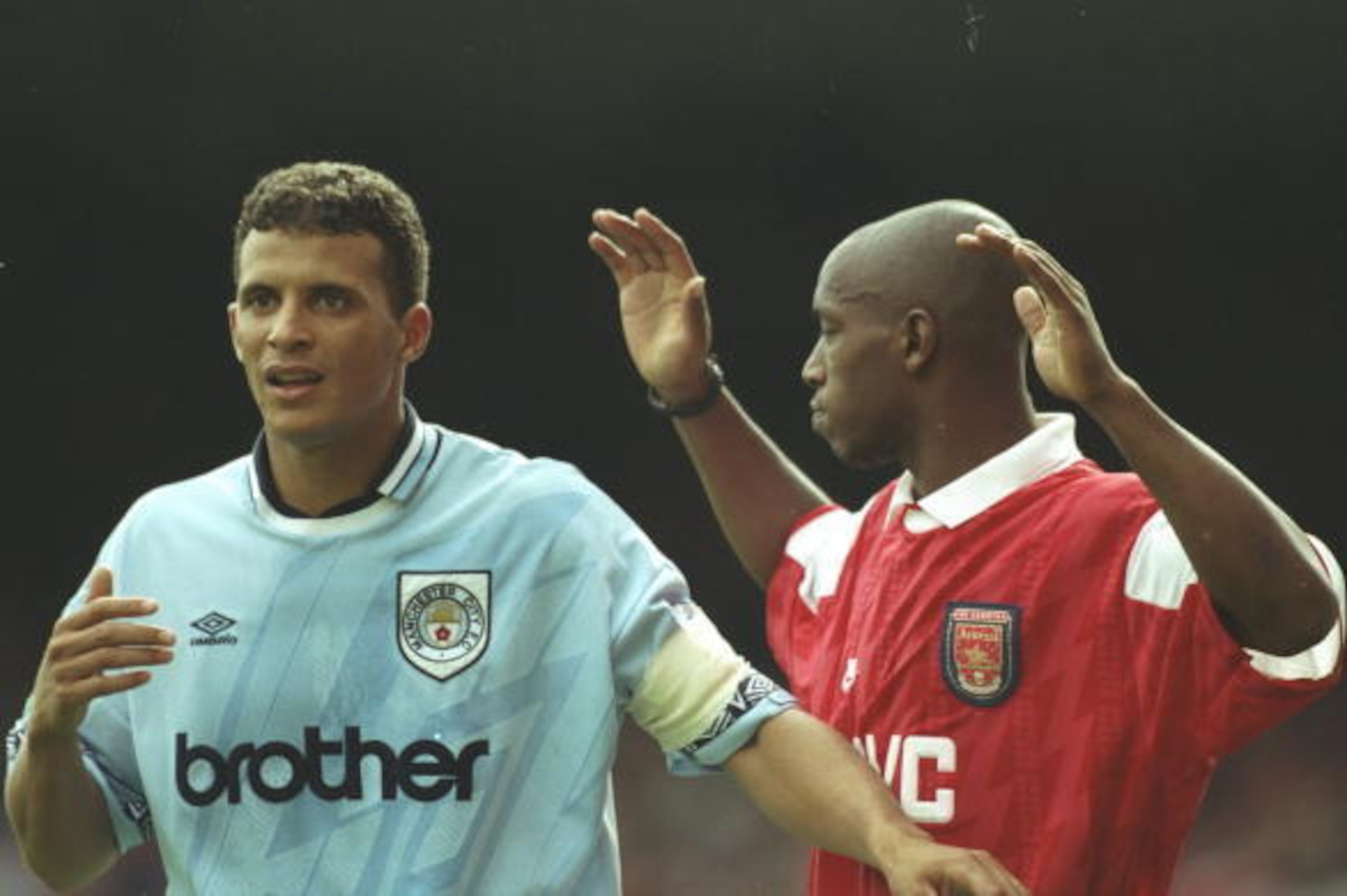 30 Aug 1994:  Portrait of Keith Curle (left) of Manchester City and Ian Wright of Arsenal during an FA Carling Premiership match at Highbury Stadium in London. \ Mandatory Credit: Clive  Mason/Allsport
