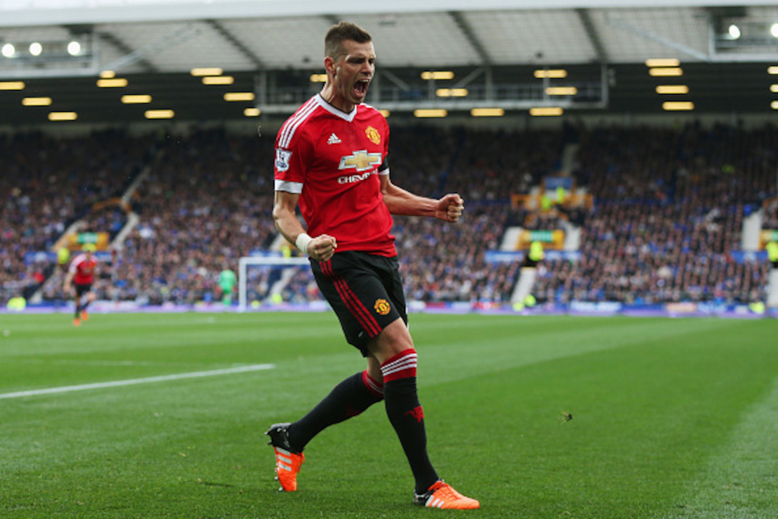 LIVERPOOL, ENGLAND - OCTOBER 17:  Morgan Schneiderlin of Manchester United celebrates scoring his team's first goal during the Barclays Premier League match between Everton and Manchester United at Goodison Park on October 17, 2015 in Liverpool, England. 