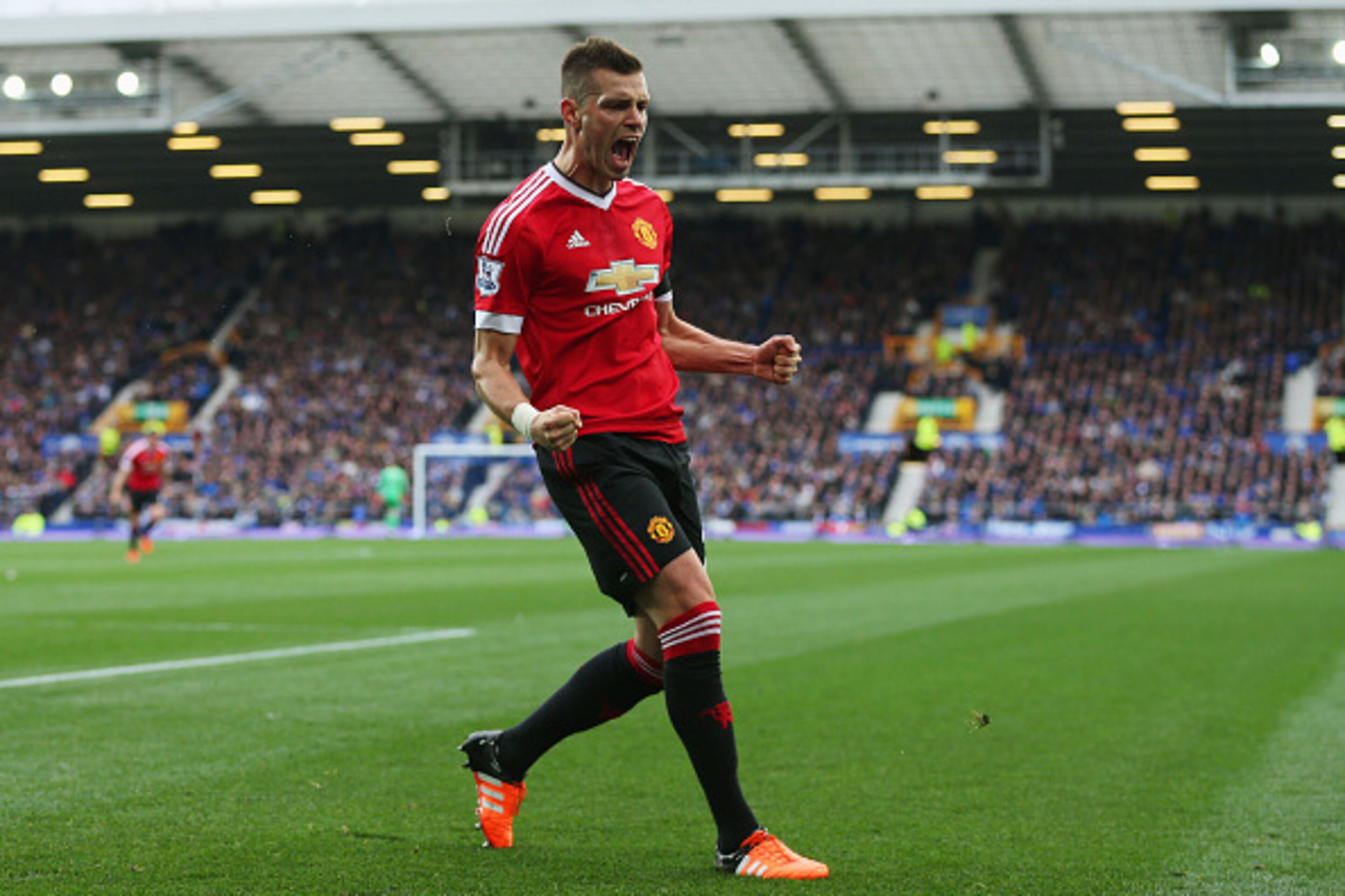 LIVERPOOL, ENGLAND - OCTOBER 17:  Morgan Schneiderlin of Manchester United celebrates scoring his team's first goal during the Barclays Premier League match between Everton and Manchester United at Goodison Park on October 17, 2015 in Liverpool, England. 
