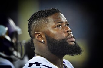 :NASHVILLE, TN - SEPTEMBER 03:  Linval Joseph #98 of the Minnesota Vikings looks on during a NFL pre-season game against the Tennessee Titans at Nissan Stadium on September 3, 2015 in Nashville, Tennessee.  (Photo by Ronald C. Modra/Sports Imagery/Getty I