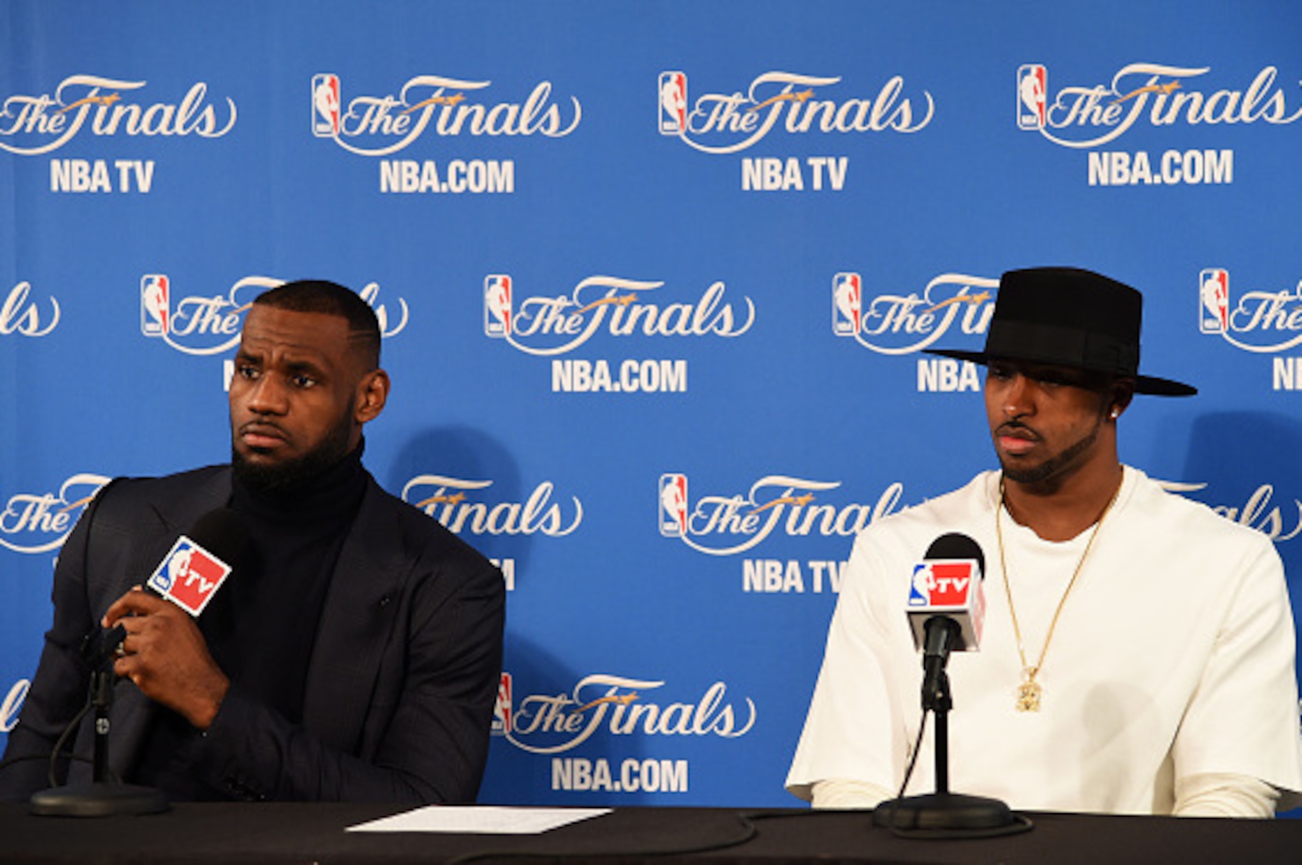 OAKLAND, CA - JUNE 04:  LeBron James #23 and Tristan Thompson #13 of the Cleveland Cavaliers speak to the media after Game One of the 2015 NBA Finals against the Golden State Warriors at ORACLE Arena on June 4, 2015 in Oakland, California. NOTE TO USER: U