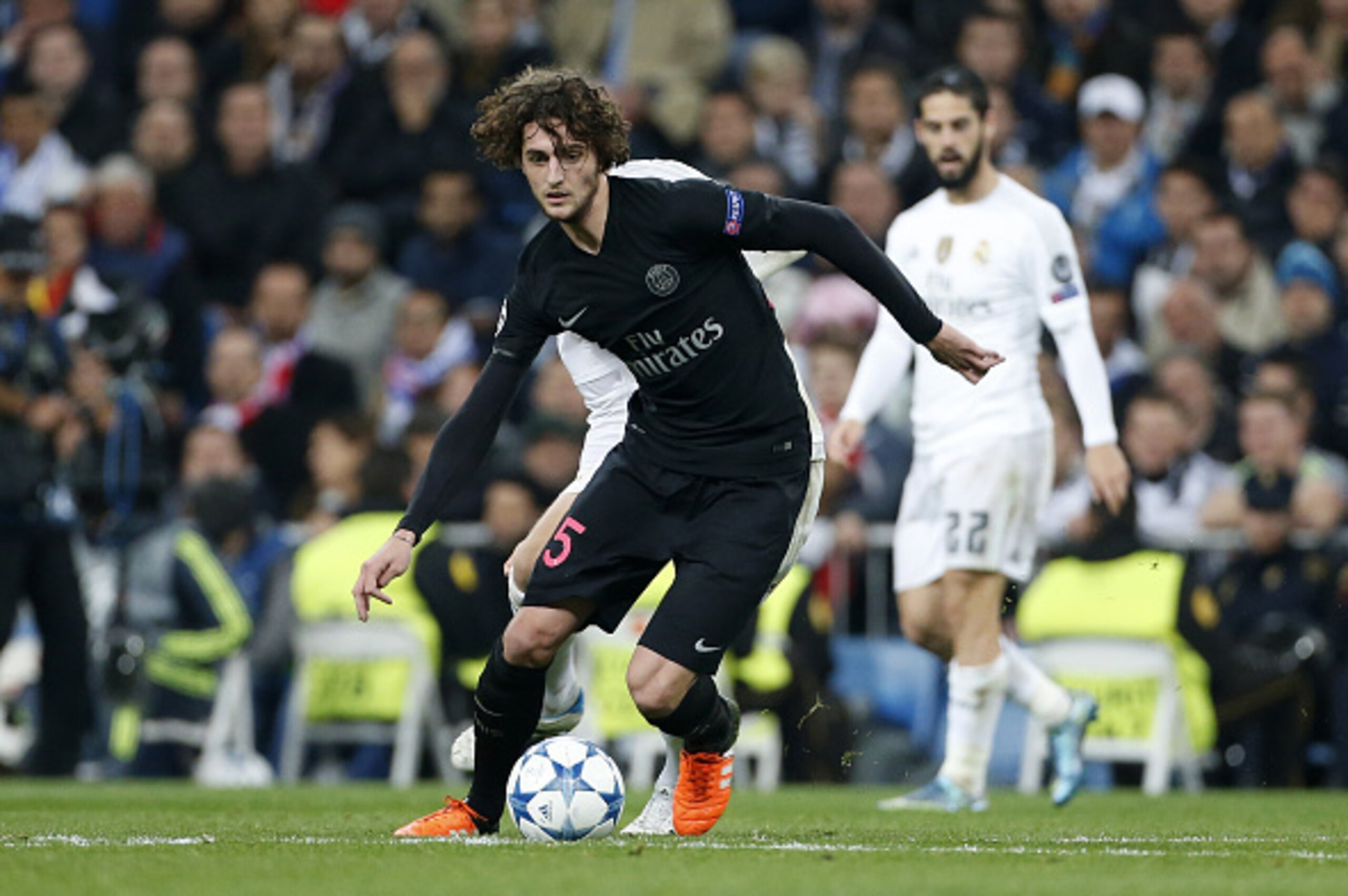 MADRID, SPAIN - NOVEMBER 3: Adrien Rabiot of PSG in action during the UEFA Champions League match between Real Madrid and Paris Saint-Germain (PSG) at Santiago Bernabeu stadium on November 3, 2015 in Madrid, Spain. (Photo by Jean Catuffe/Getty Images)