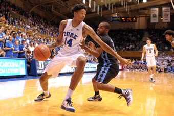DURHAM, NC - NOVEMBER 04: Brandon Ingram #14 of the Duke Blue Devils drives against Daryl Traynham #3 of the Livingstone Blue Bears at Cameron Indoor Stadium on November 4, 2015 in Durham, North Carolina. Duke defeated Livingstone 119-54. (Photo by Lance