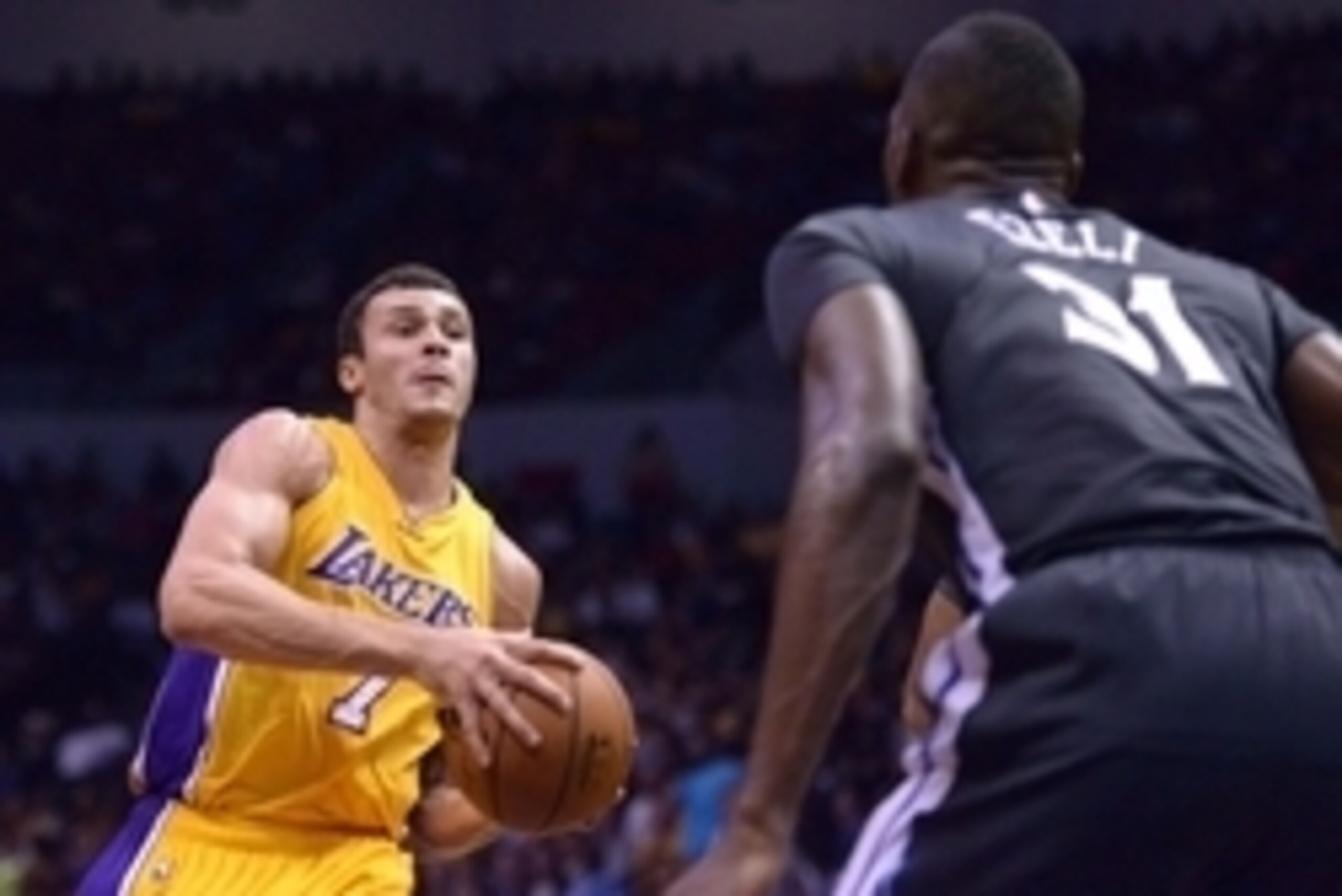 Oct 17, 2015; San Diego, CA, USA; Los Angeles Lakers forward Larry Nance Jr. (7) drives to the basket during the third quarter against Golden State Warriors center Festus Ezeli (31) at Valley View Casino Center. Mandatory Credit: Jake Roth-USA TODAY Sport Oct 17, 2015; San Diego, CA, USA; Los Angeles Lakers forward Larry Nance Jr. (7) drives to the basket during the third quarter against Golden State Warriors center Festus Ezeli (31) at Valley View Casino Center. Mandatory Credit: Jake Roth-USA TODAY Sport