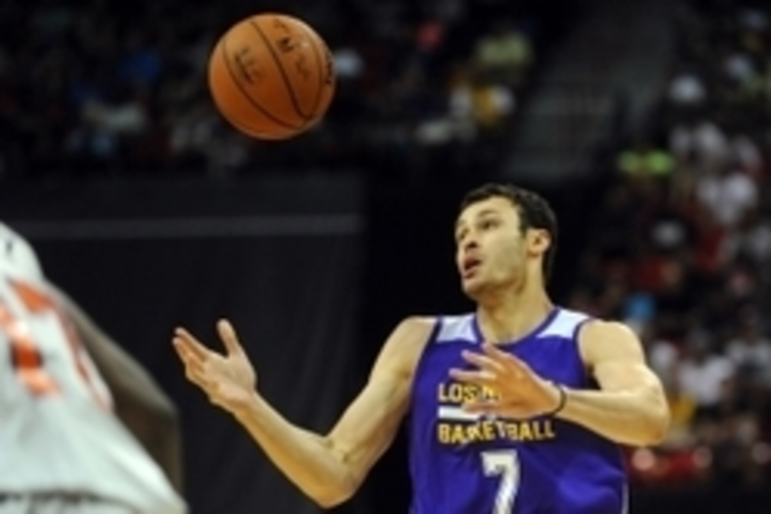 Jul 13, 2015; Las Vegas, NV, USA; Los Angeles Lakers forward Larry Nance, Jr., (7) loses control of the ball during an NBA Summer League game against the Knicks at Thomas & Mack Center. Mandatory Credit: Stephen R. Sylvanie-USA TODAY Sports Jul 13, 2015; Las Vegas, NV, USA; Los Angeles Lakers forward Larry Nance, Jr., (7) loses control of the ball during an NBA Summer League game against the Knicks at Thomas & Mack Center. Mandatory Credit: Stephen R. Sylvanie-USA TODAY Sports