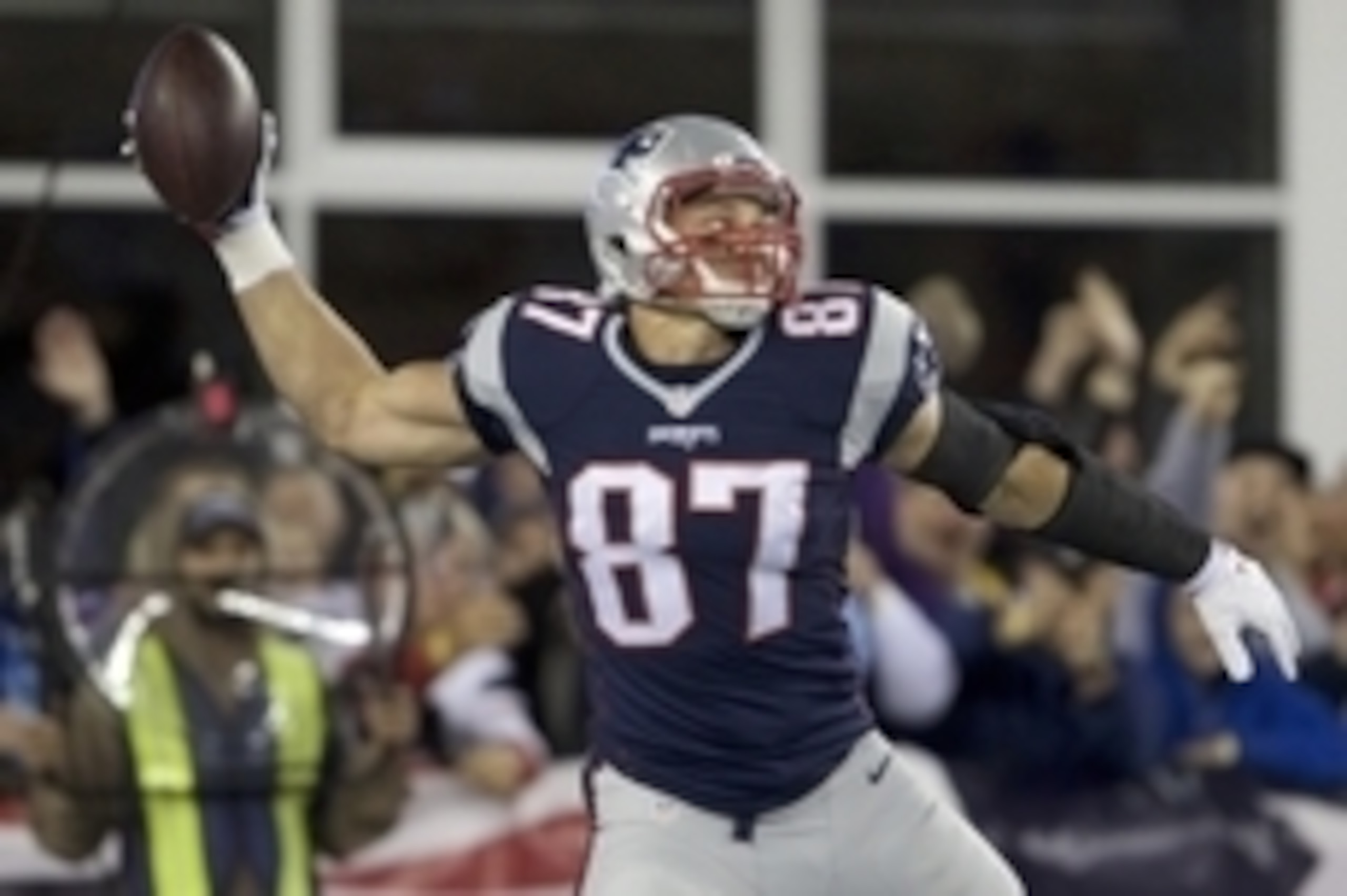 Oct 29, 2015; Foxborough, MA, USA; New England Patriots tight end Rob Gronkowski (87) reacts after a touchdown against the Miami Dolphins in the first quarter at Gillette Stadium. Mandatory Credit: David Butler II-USA TODAY Sports